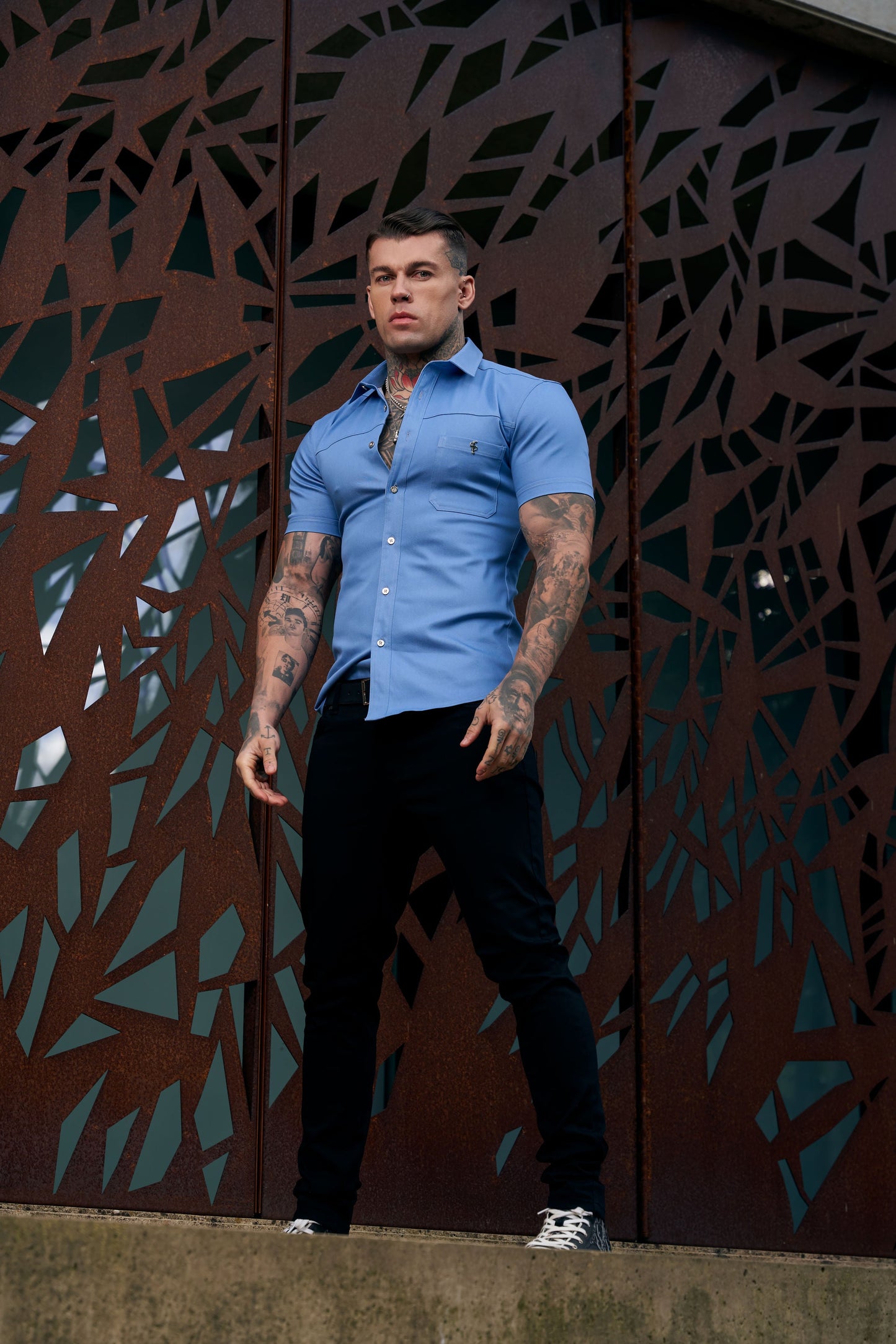 Elevate Your Style with Father Sons Super Slim Stretch Light Blue Denim Short Sleeve Shirt Featuring Horizontal Seam and Pocket - FS957