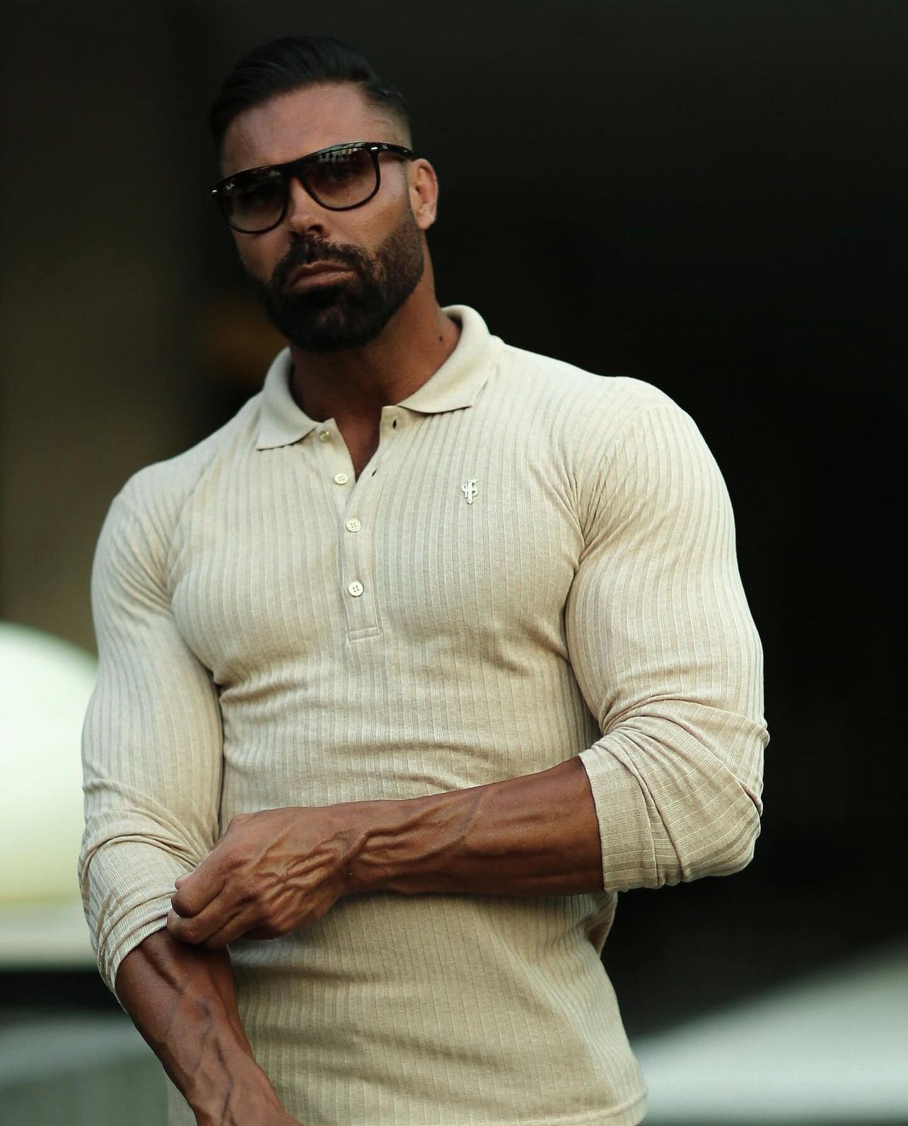 Elevate Your Style with the Father Sons Classic Beige Ribbed Long Sleeve Polo Shirt Featuring a Chic Gold Decal - FSH969