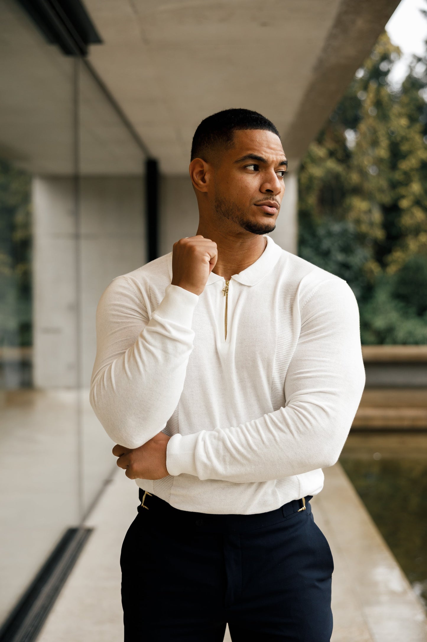 Ultimate Father Sons White and Gold Long Sleeve Zip Polo - FSN125