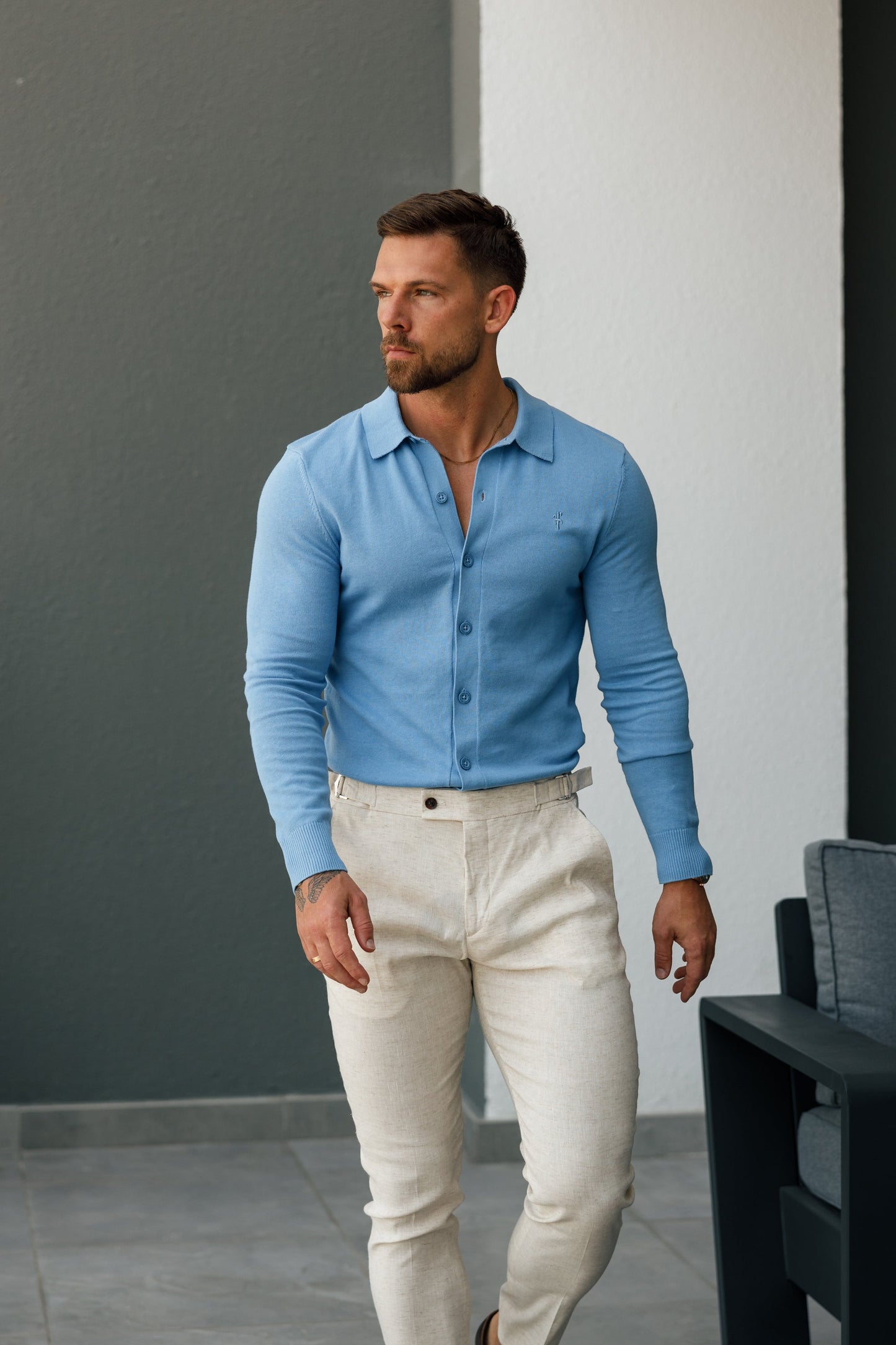 Elevate Your Wardrobe with the Father Sons Light Blue Knitted Long Sleeve Polo – Timeless Style & Comfort!
