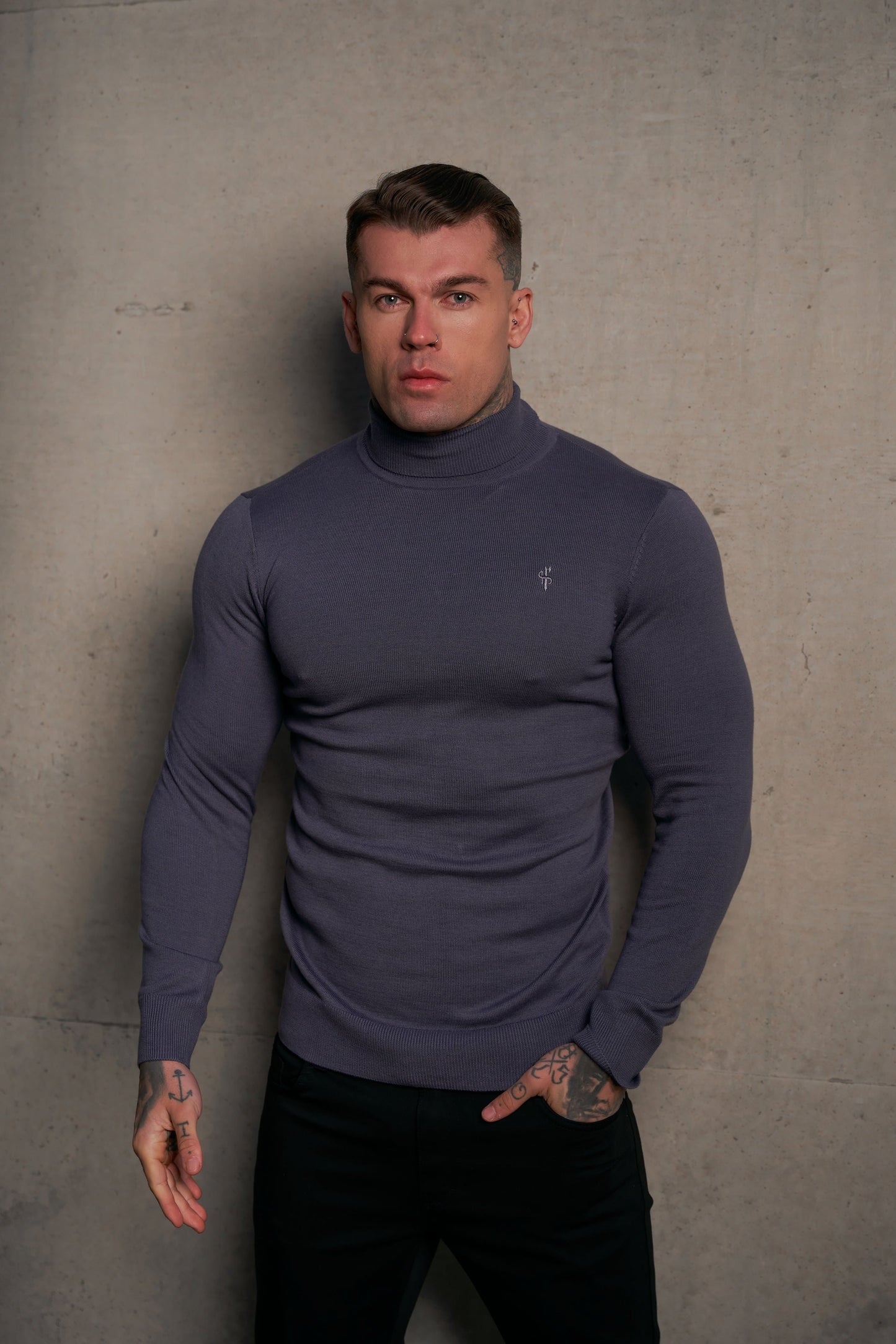 Elevate Your Style: Father Sons Classic Gunmetal Roll Neck Knit Sweater with Subtle Emblem - FSN137