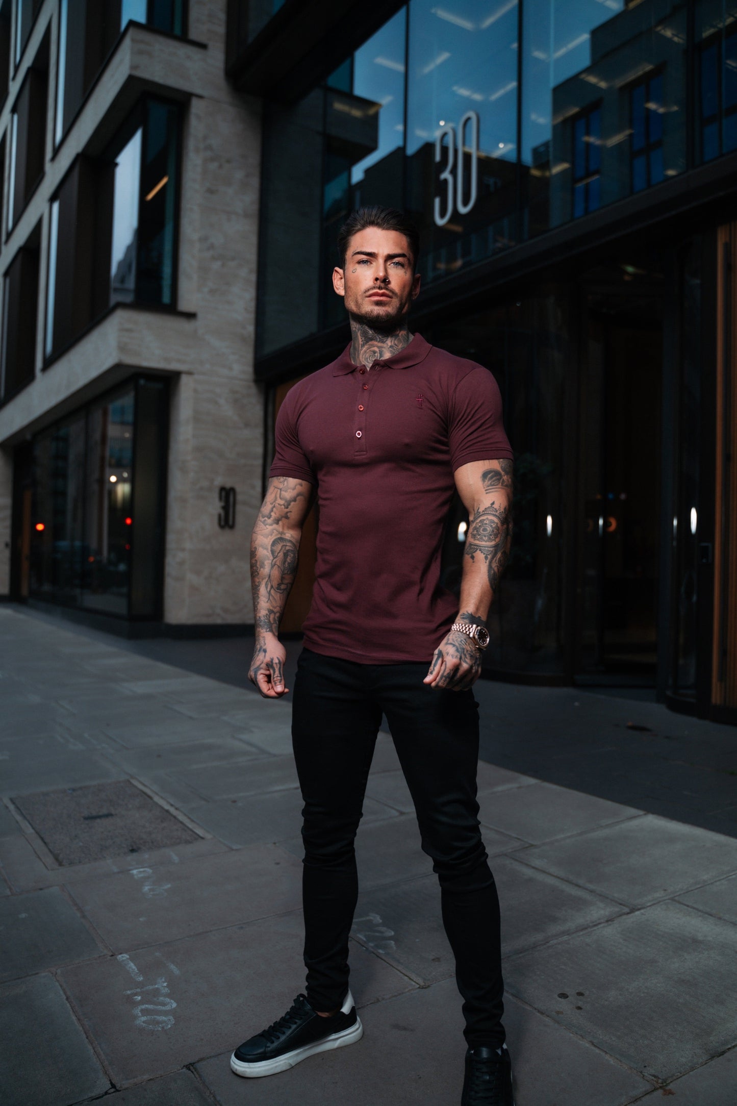 Elegant Burgundy Polo Shirt for Men with Tonal Buttons and Embroidery - FSH876
