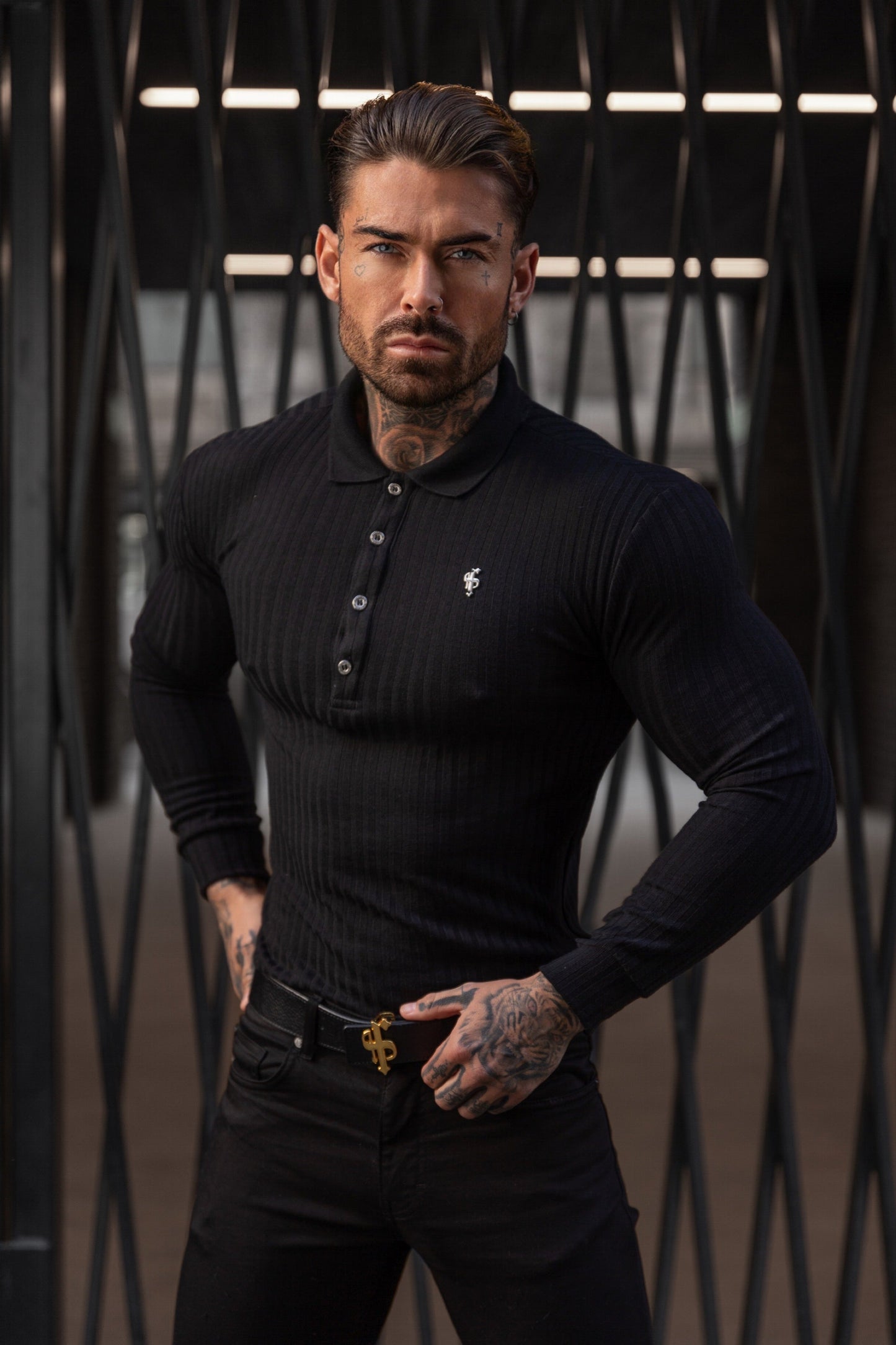 Elevate Your Style with the Father Sons Classic Long Sleeve Black Ribbed Polo Shirt Featuring a Chic Silver Decal - FSH967