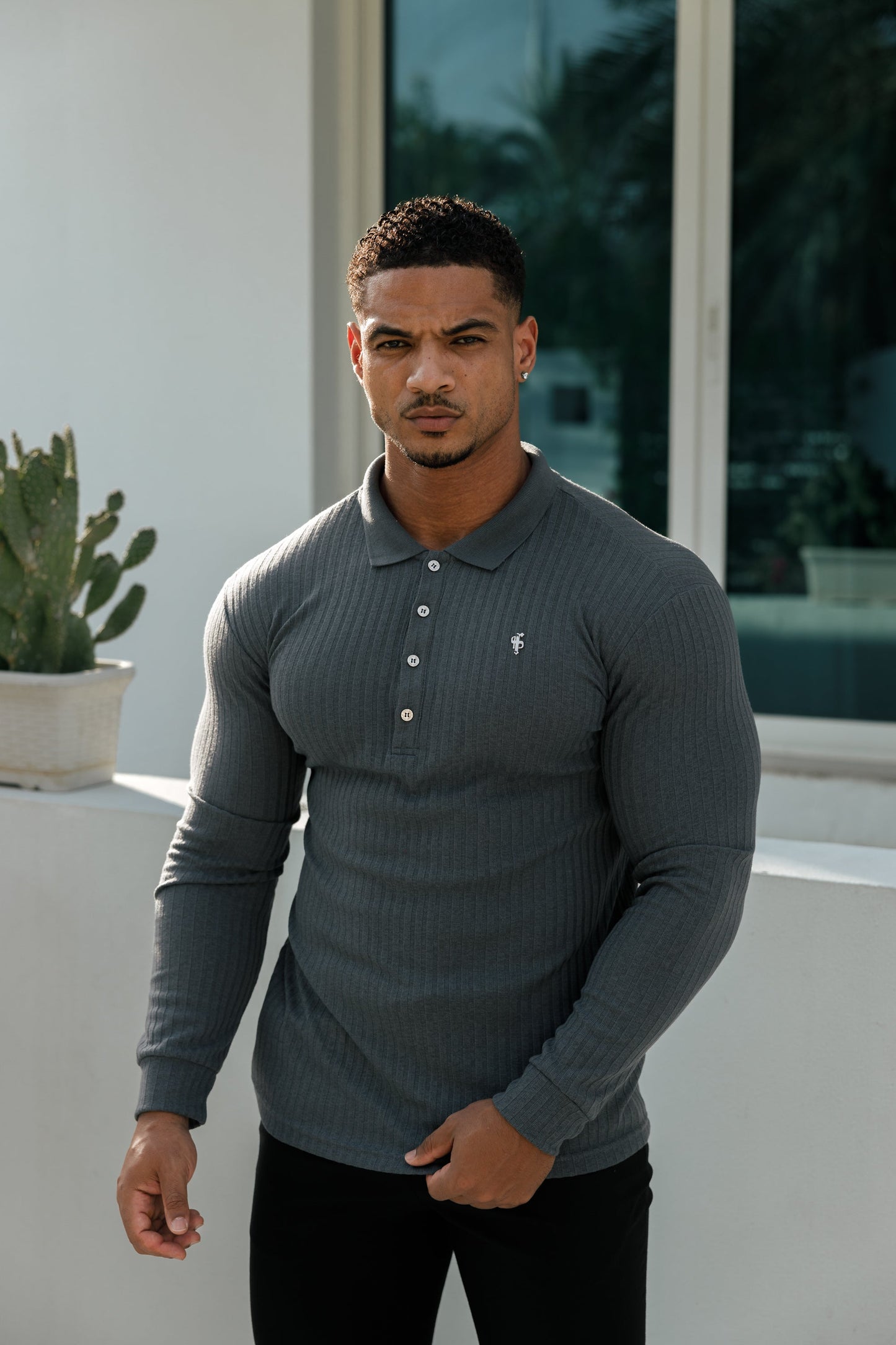 Elevate Your Style: Classic Charcoal Long Sleeve Ribbed Polo Shirt with Silver Accents by Father Sons - FSH971