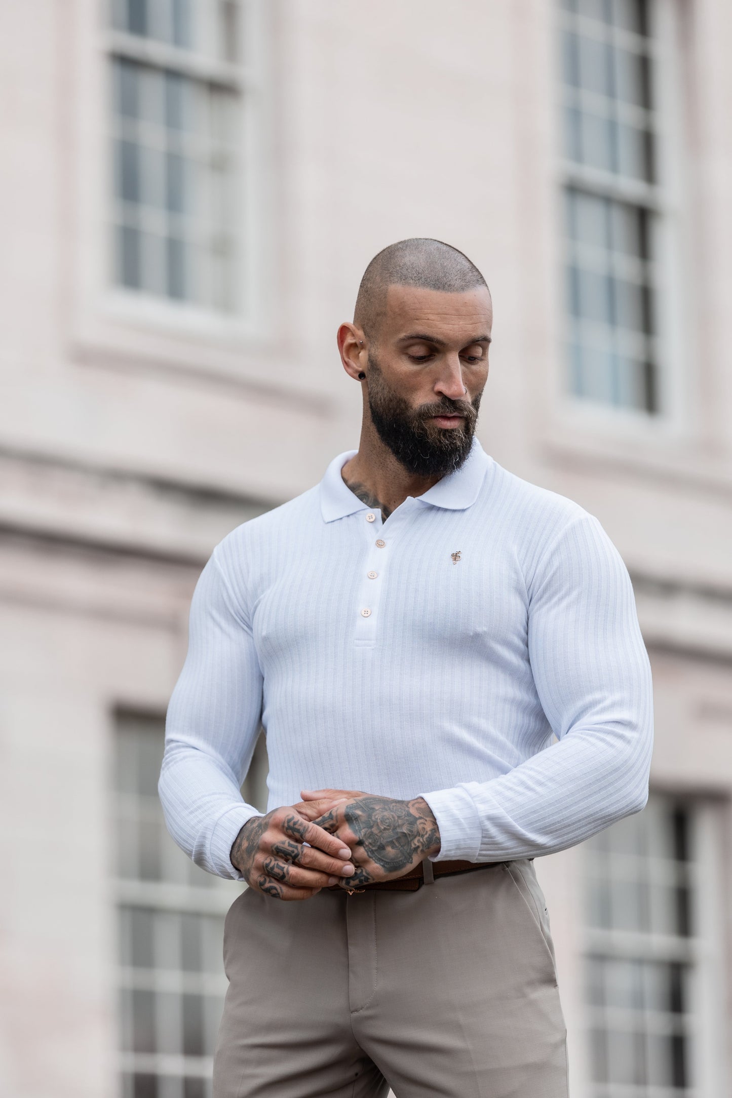 Elevate Your Style with the Father Sons Long Sleeve White Ribbed Polo Shirt Featuring a Stunning Gold Decal - FSH975