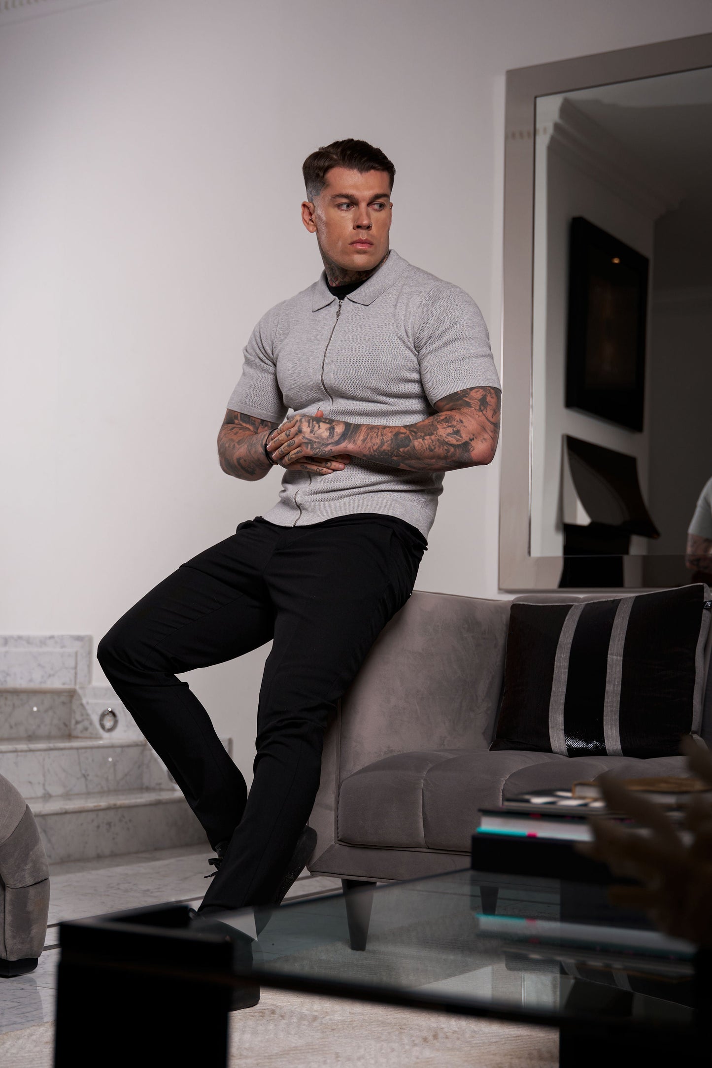 Elevate Your Wardrobe: Father Sons Light Grey Short Sleeve Knit Zip-Up with Chic Textured Design - FSN154