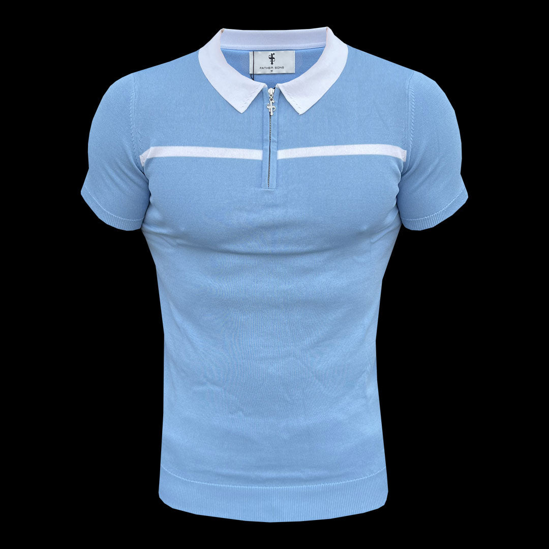 Elevate Your Style with the Father Sons Sky Blue & White Striped Zipped Polo – Short Sleeve Essentials - FSN058