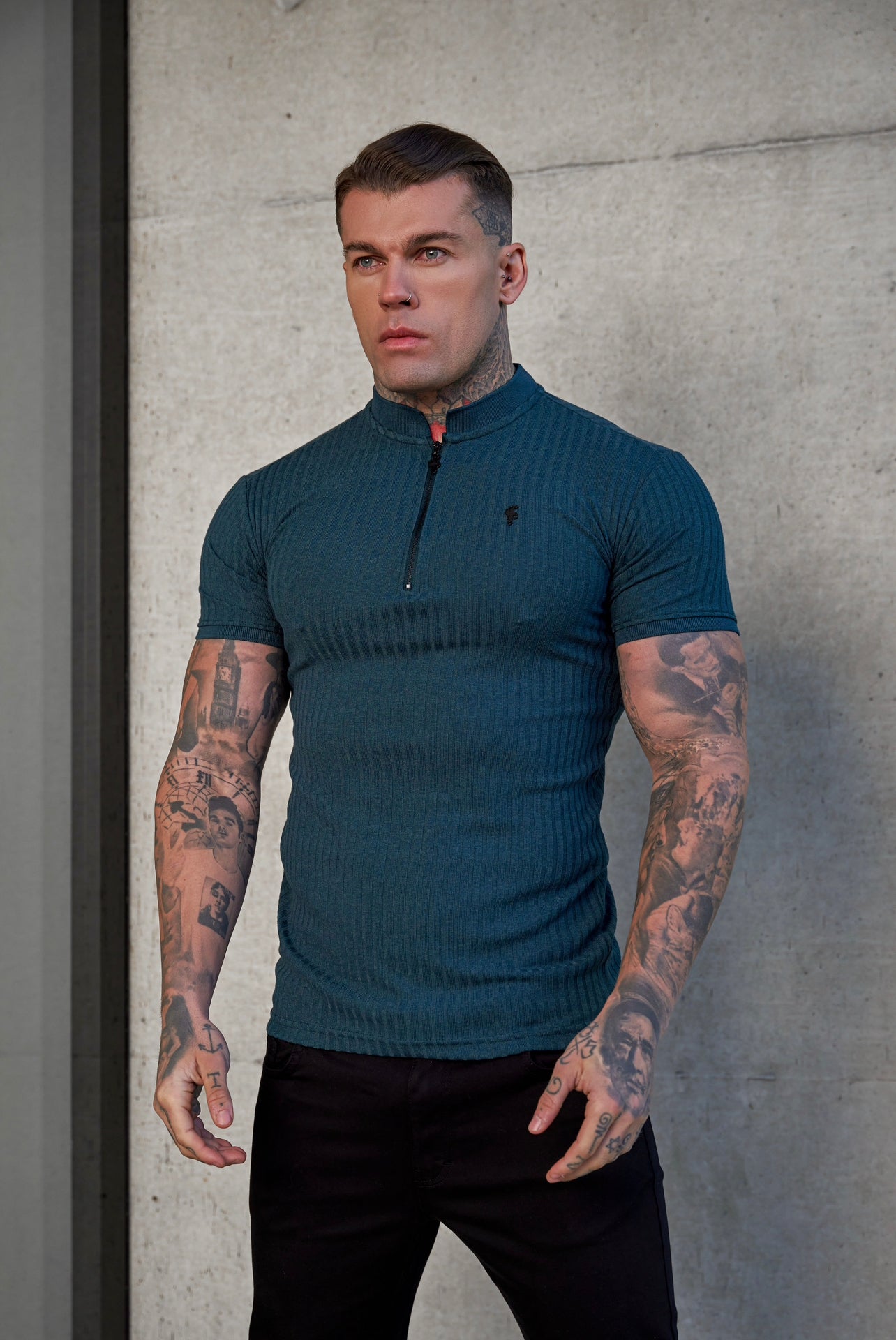 Elevate Your Style with the Father Sons Classic Forest Green & Black Ribbed Zip Grandad Collar Shirt - Short Sleeve FSH917