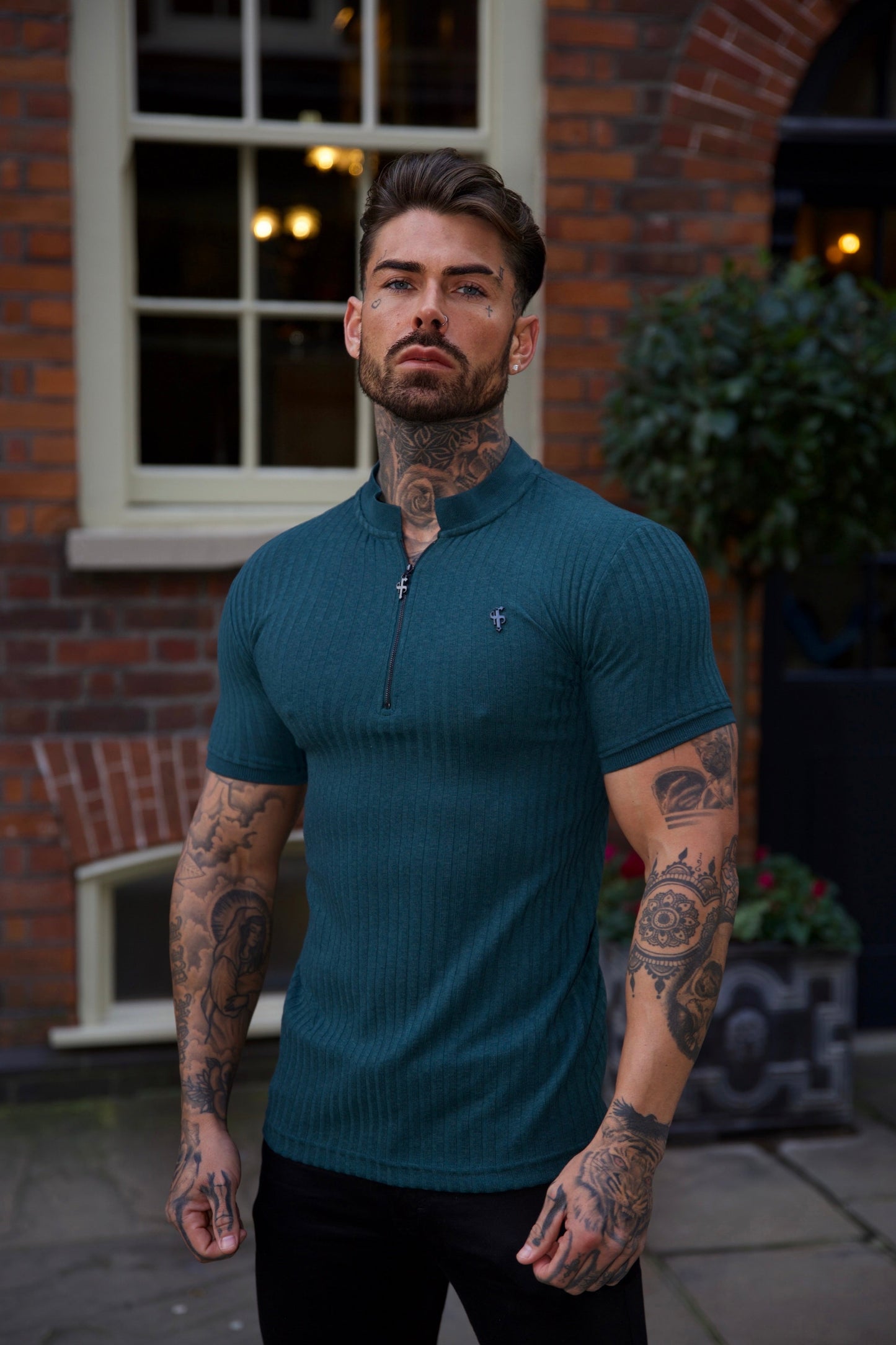 Elevate Your Style with the Father Sons Classic Forest Green & Black Ribbed Zip Grandad Collar Shirt - Short Sleeve FSH917