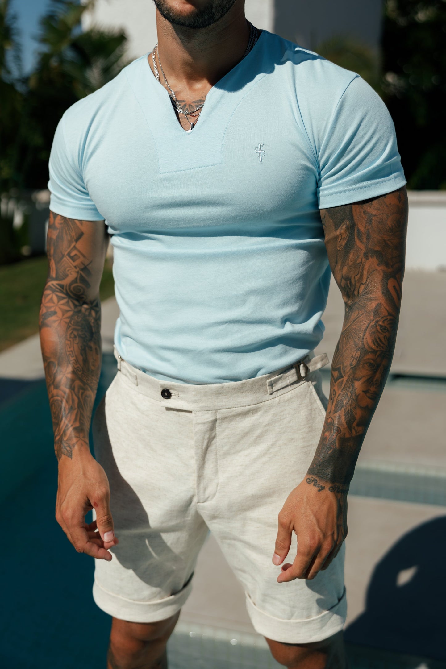 Elevate Your Style: Father Sons Light Blue Advanced V Neck Crew Short Sleeve Tee - FSH1015