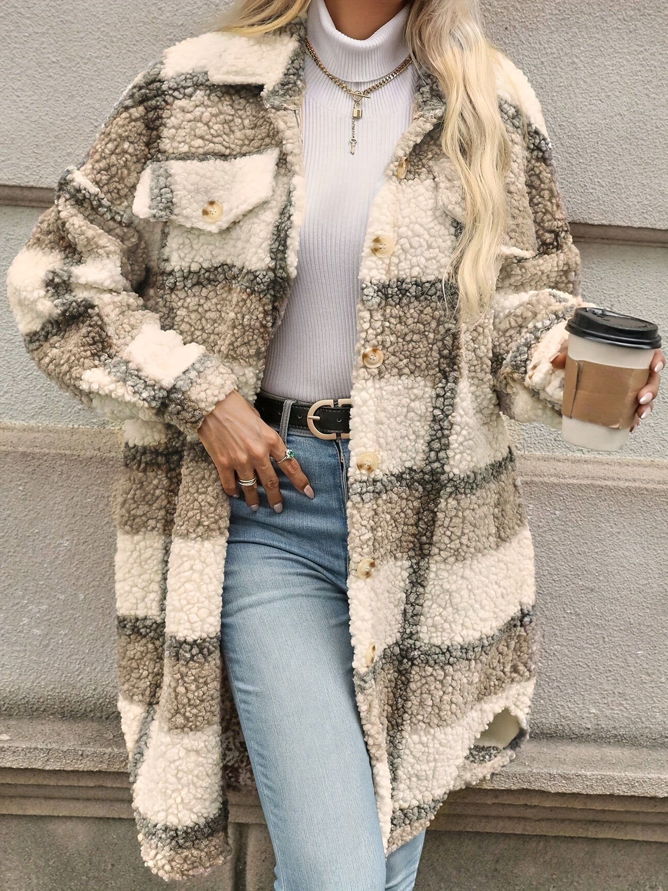 Long Sleeve Plaid Fuzzy Lapel Collar Jacket m for Fall & Winter - Machine Washable Polyester Coat for Women