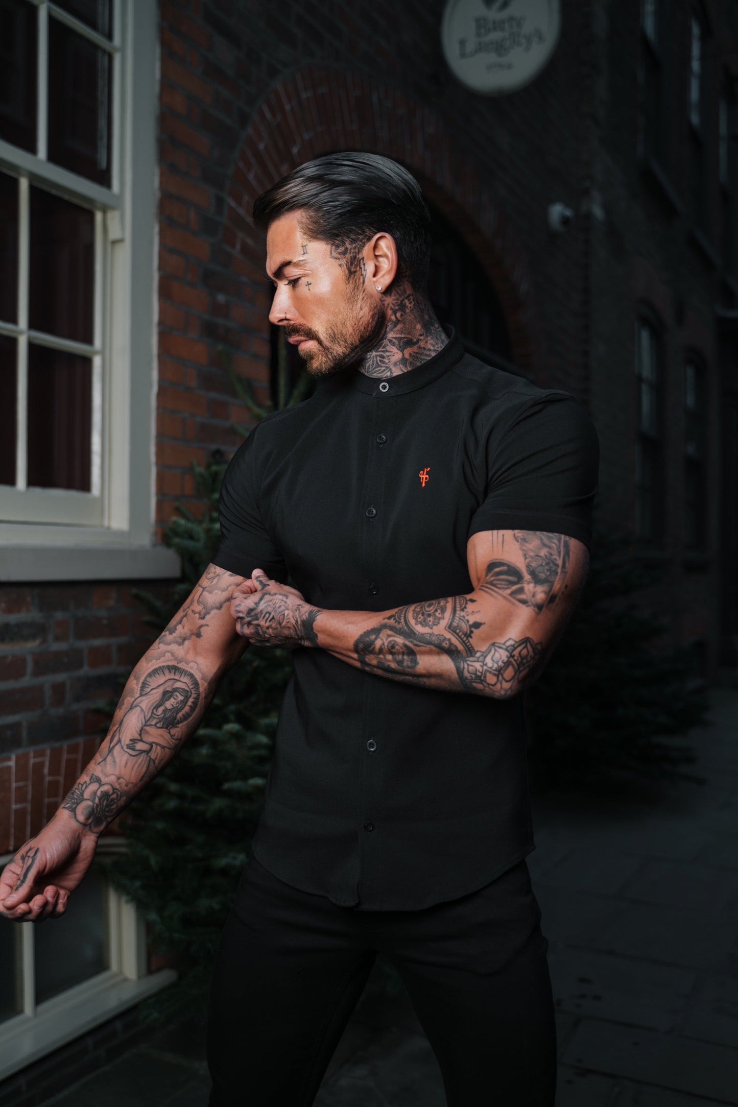 Elevate Your Style with Father Sons Super Slim Fit Black Scuba Short Sleeve Stretch Shirt Featuring a Trendy Grandad Collar - FS930