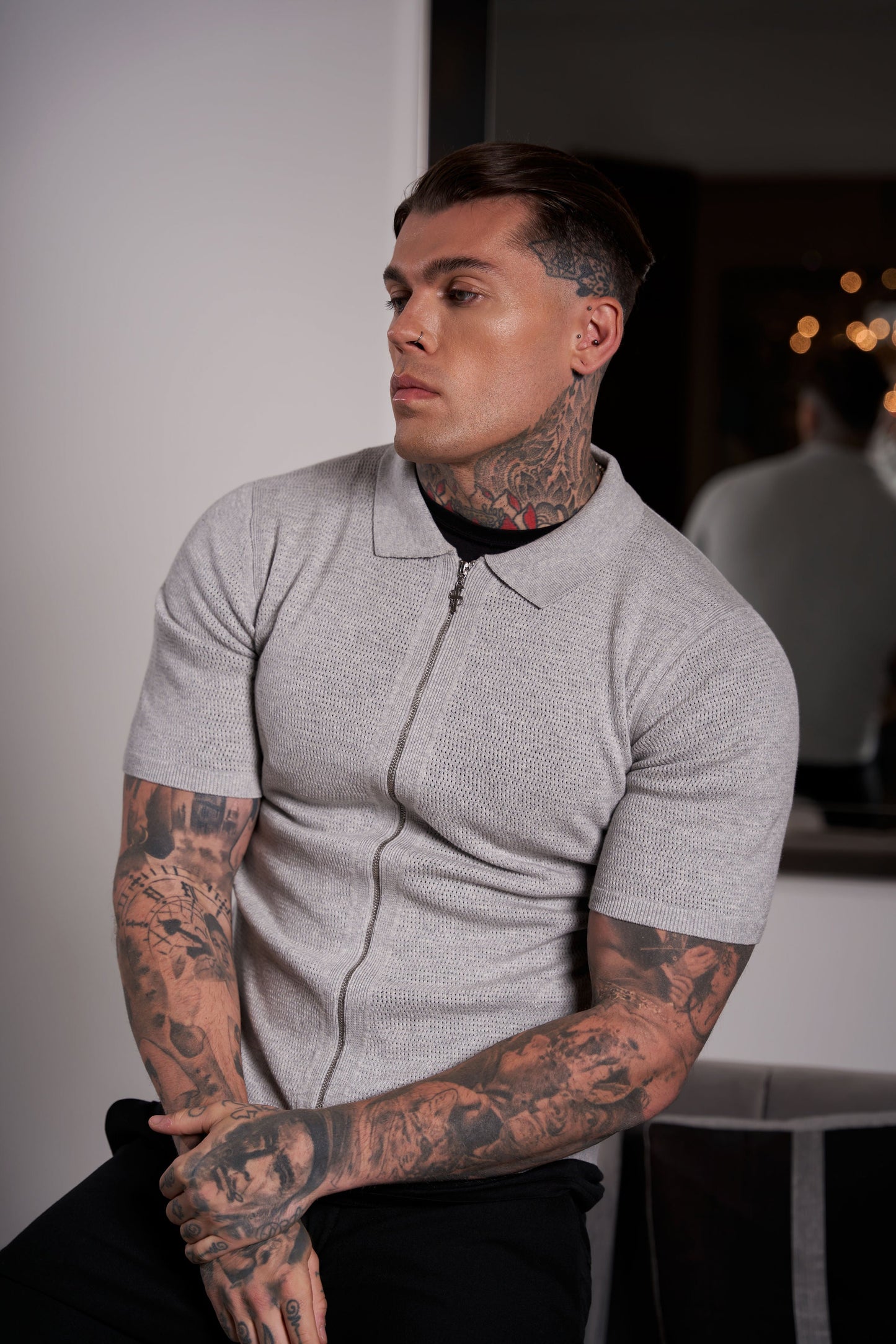 Elevate Your Wardrobe: Father Sons Light Grey Short Sleeve Knit Zip-Up with Chic Textured Design - FSN154