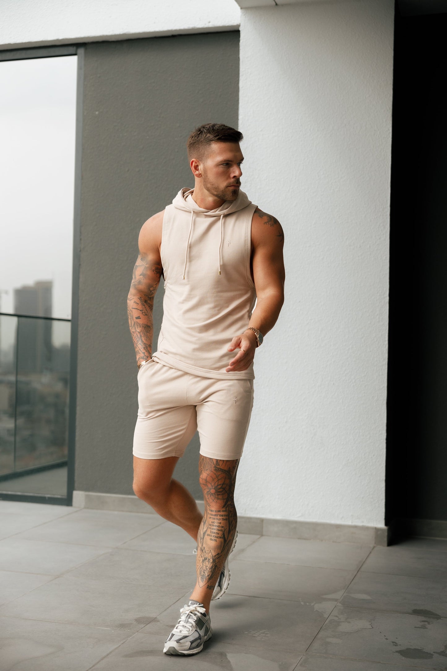 Elevate Your Workout: Father Sons Stylish Sleeveless Beige Gym Hoodie - FSH896