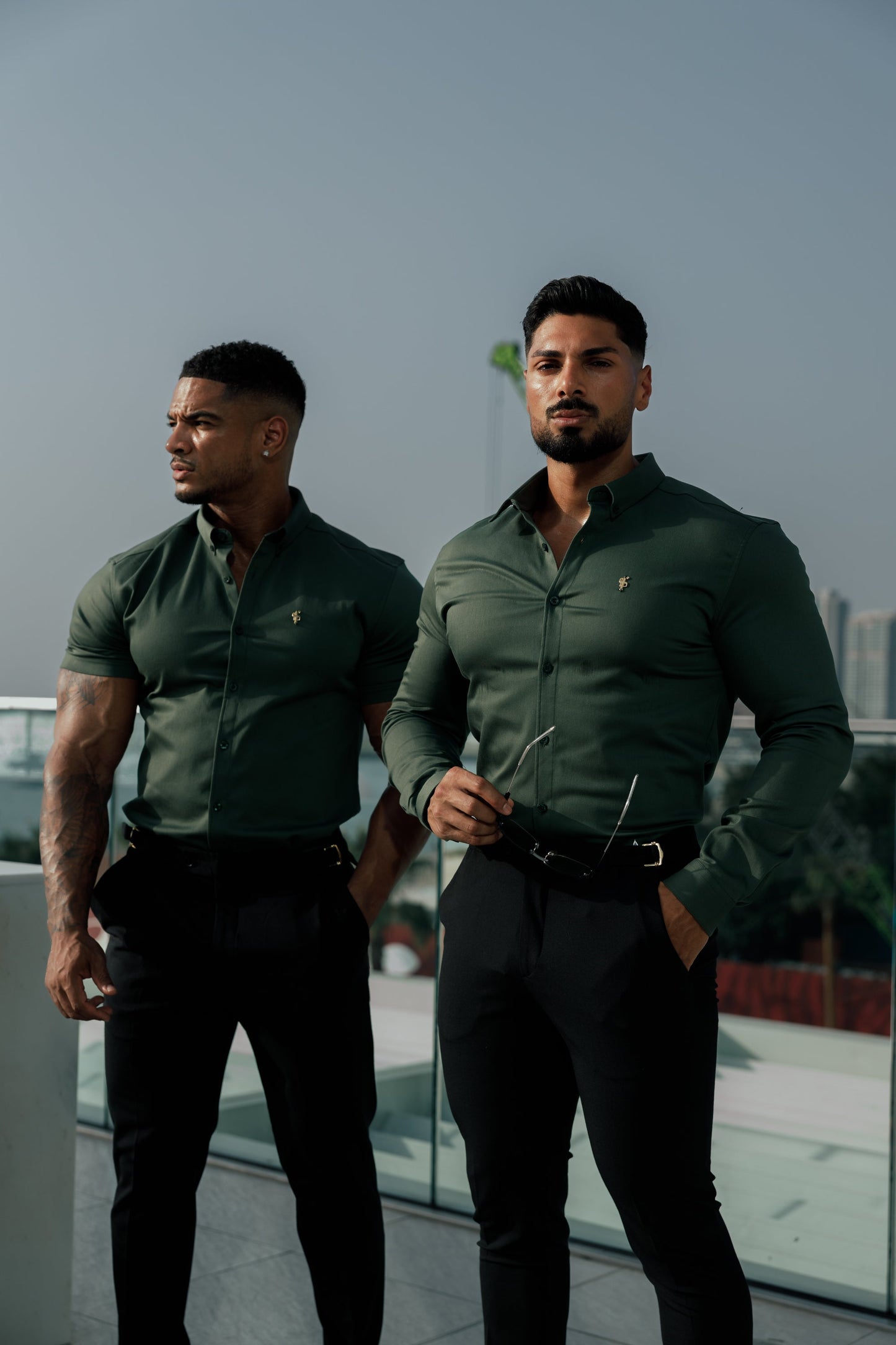 Elevate Your Style with Father Sons Super Slim Stretch Khaki Denim Long Sleeve Shirt Featuring Gold Metal Accent and Button Down Collar - FS1044