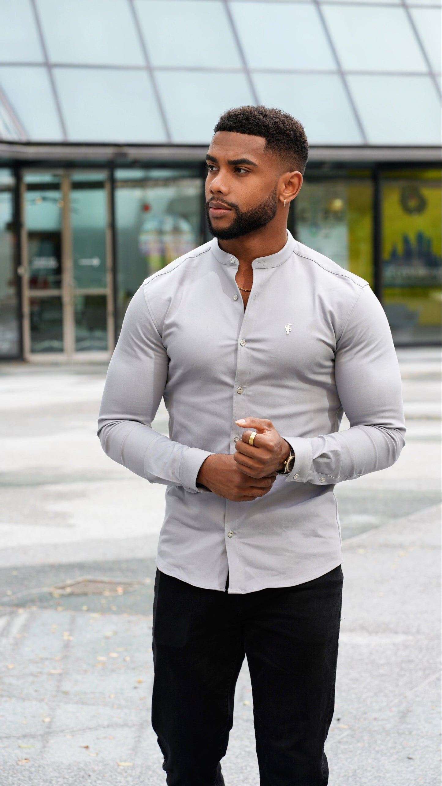 Elevate Your Style: Father Sons Super Slim Fit Stretch Grey Denim Long Sleeve Shirt with Trendy Grandad Collar and Sleek Silver Metal Buttons - FS962