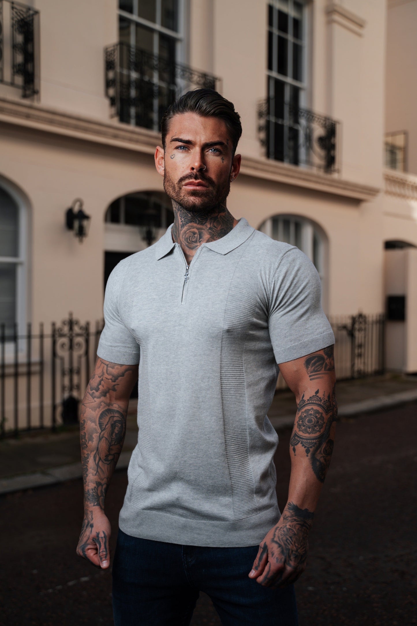 Elevate Your Style with the Father Sons Classic Grey Marl Short Sleeve Zip Polo Shirt - FSN132