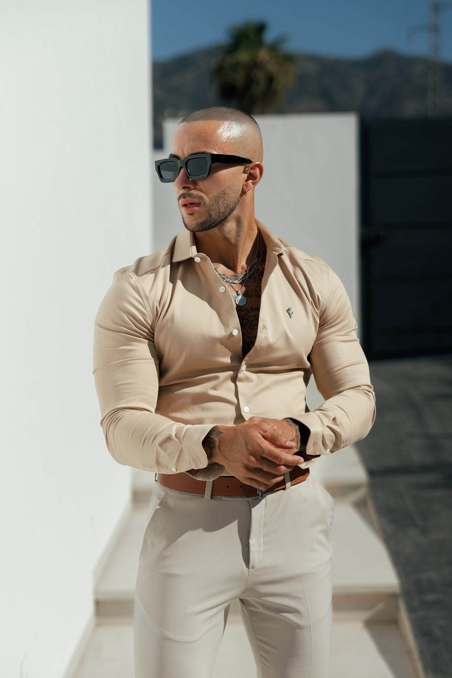 Elevate Your Wardrobe with the Father Sons Super Slim Stretch Vintage Beige Side Panel Long Sleeve Shirt - FS1089