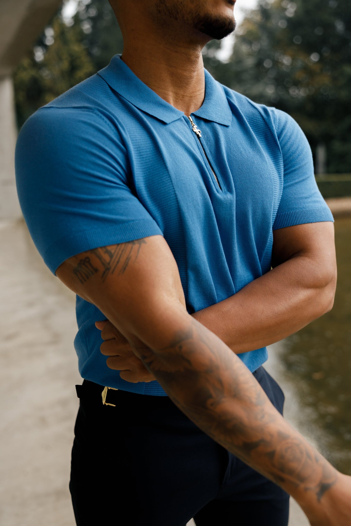 Elevate Your Style with the Father Sons Classic Mid Blue & Gold Short Sleeve Zip Polo Shirt - FSN134