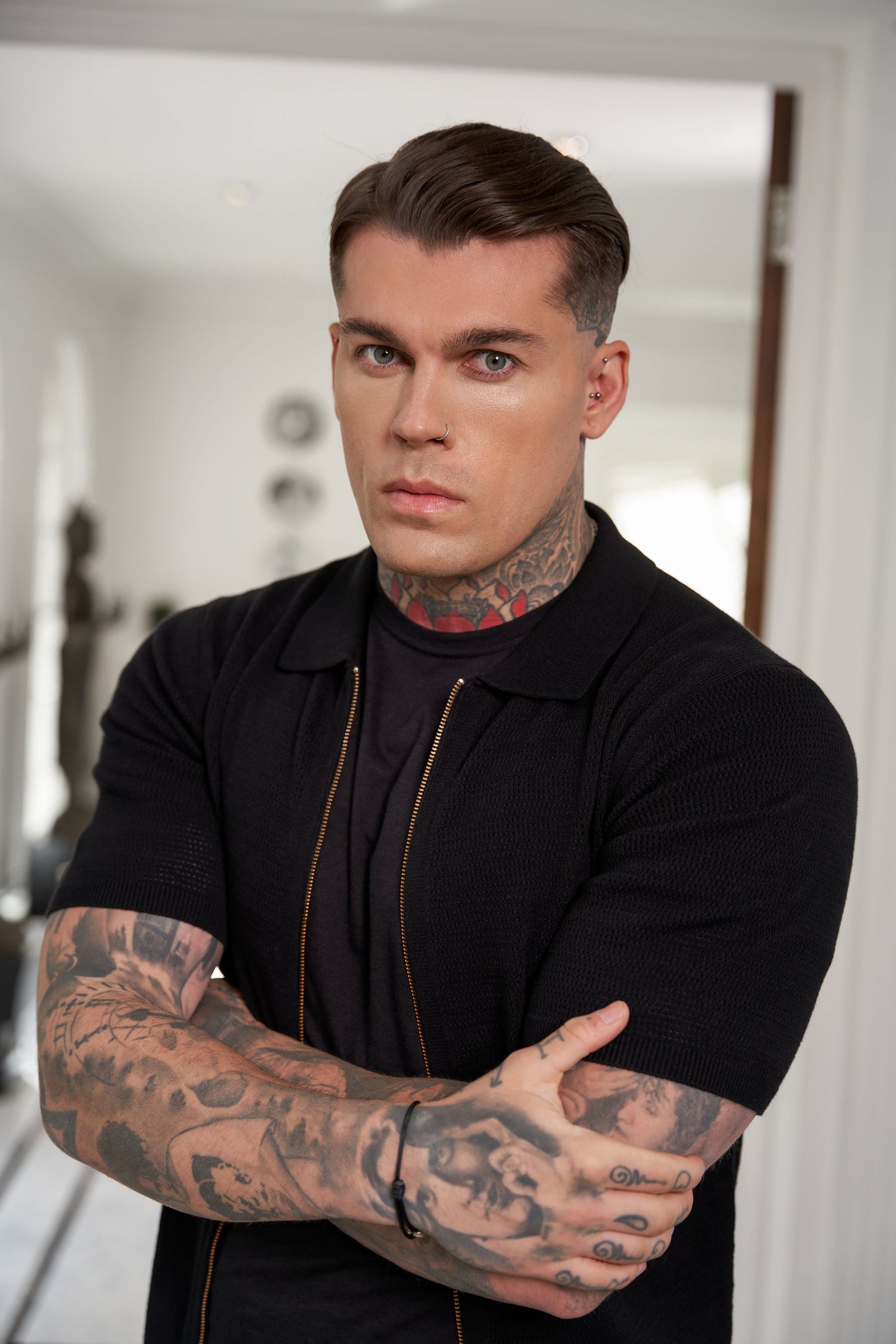 Stylish Black Short Sleeve Zip-Up Knit Sweater with Classic Textured Design - Father Sons Collection - FSN151