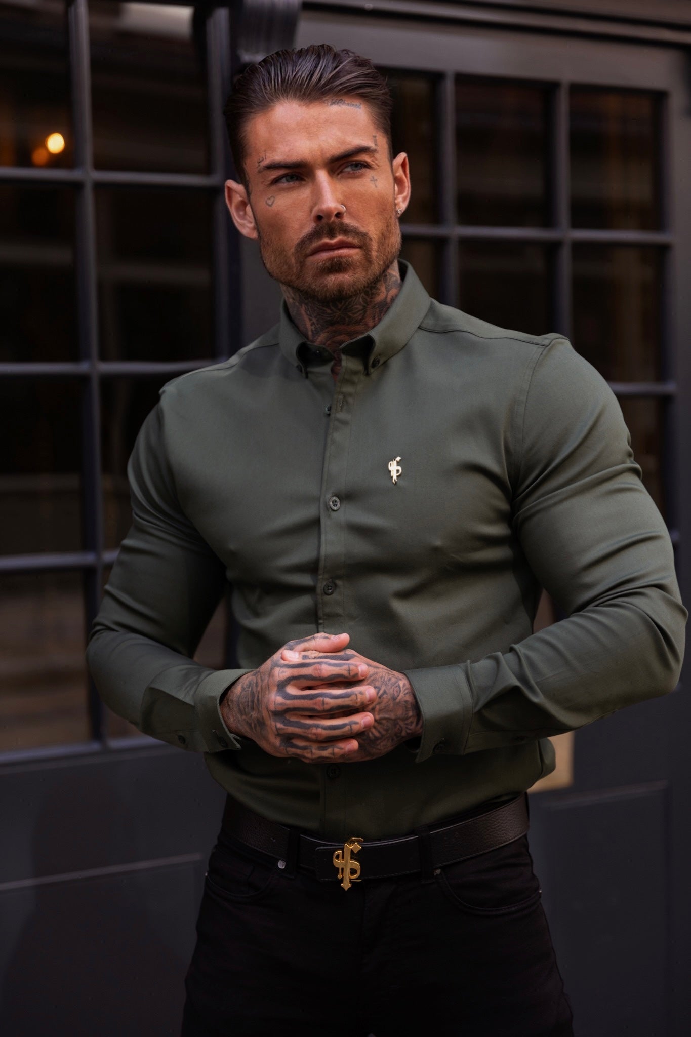 Elevate Your Style with Father Sons Super Slim Stretch Khaki Denim Long Sleeve Shirt Featuring Gold Metal Accent and Button Down Collar - FS1044