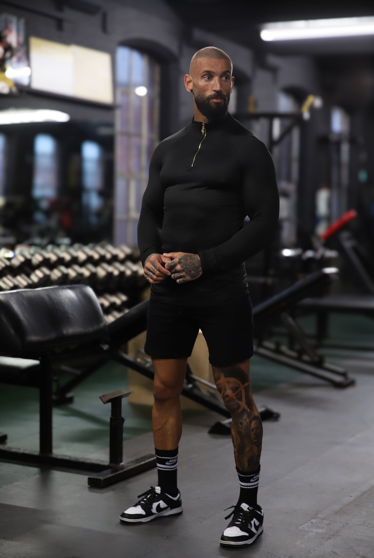 Elevate Your Workout with the Father Sons Solid Black and Gold Half Zip Long Sleeve Gym Top - FSH887
