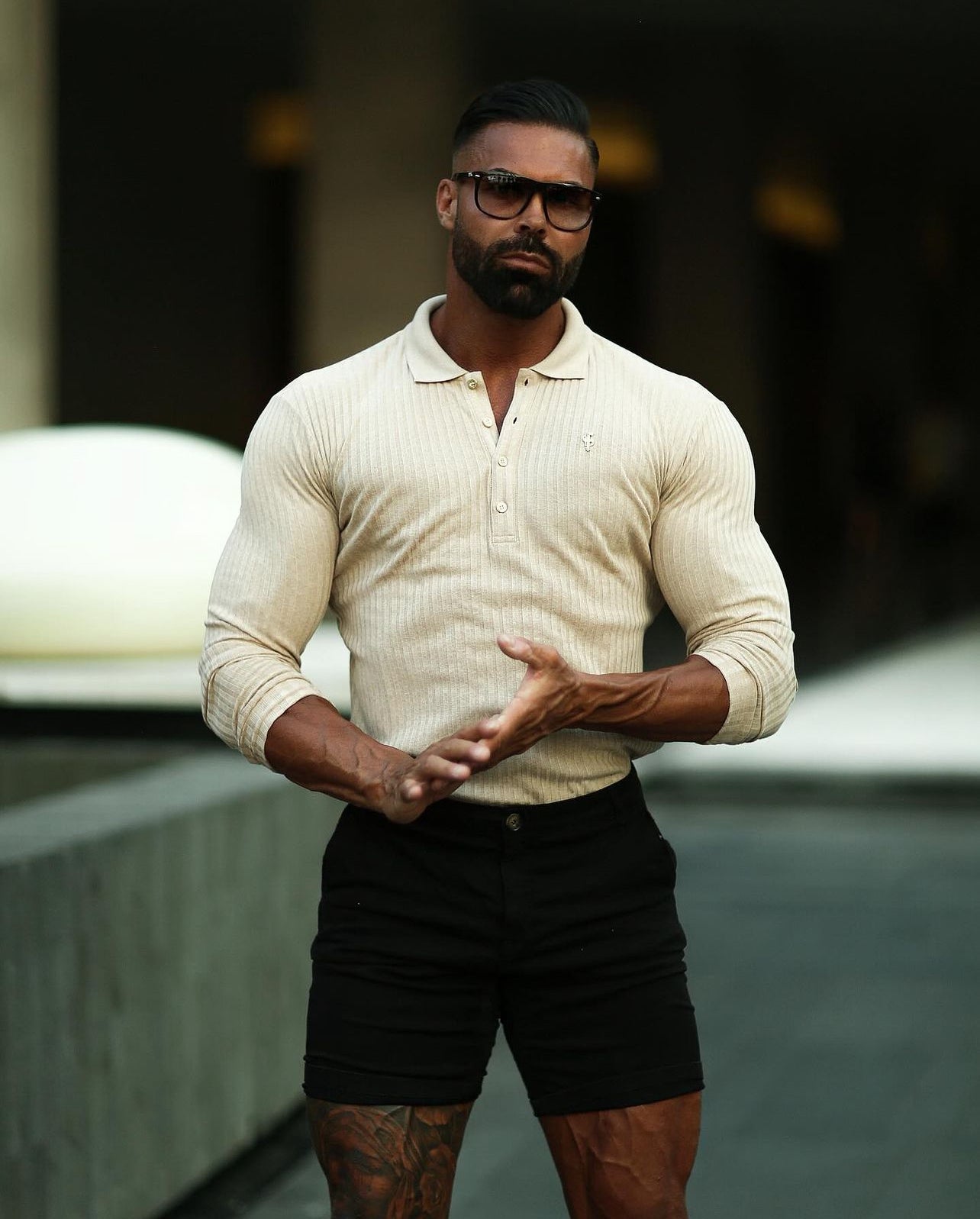 Elevate Your Style with the Father Sons Classic Beige Ribbed Long Sleeve Polo Shirt Featuring a Chic Gold Decal - FSH969