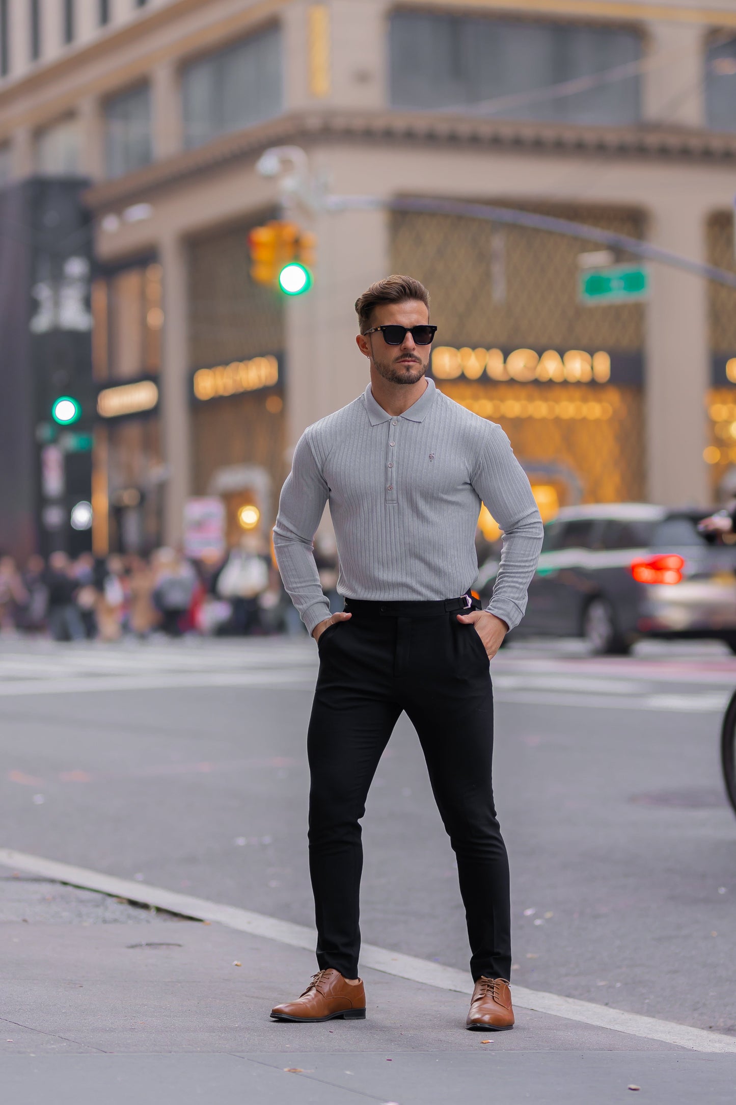 Elevate Your Style: Light Grey Ribbed Long Sleeve Polo with Silver Accent by Father Sons - FSH973