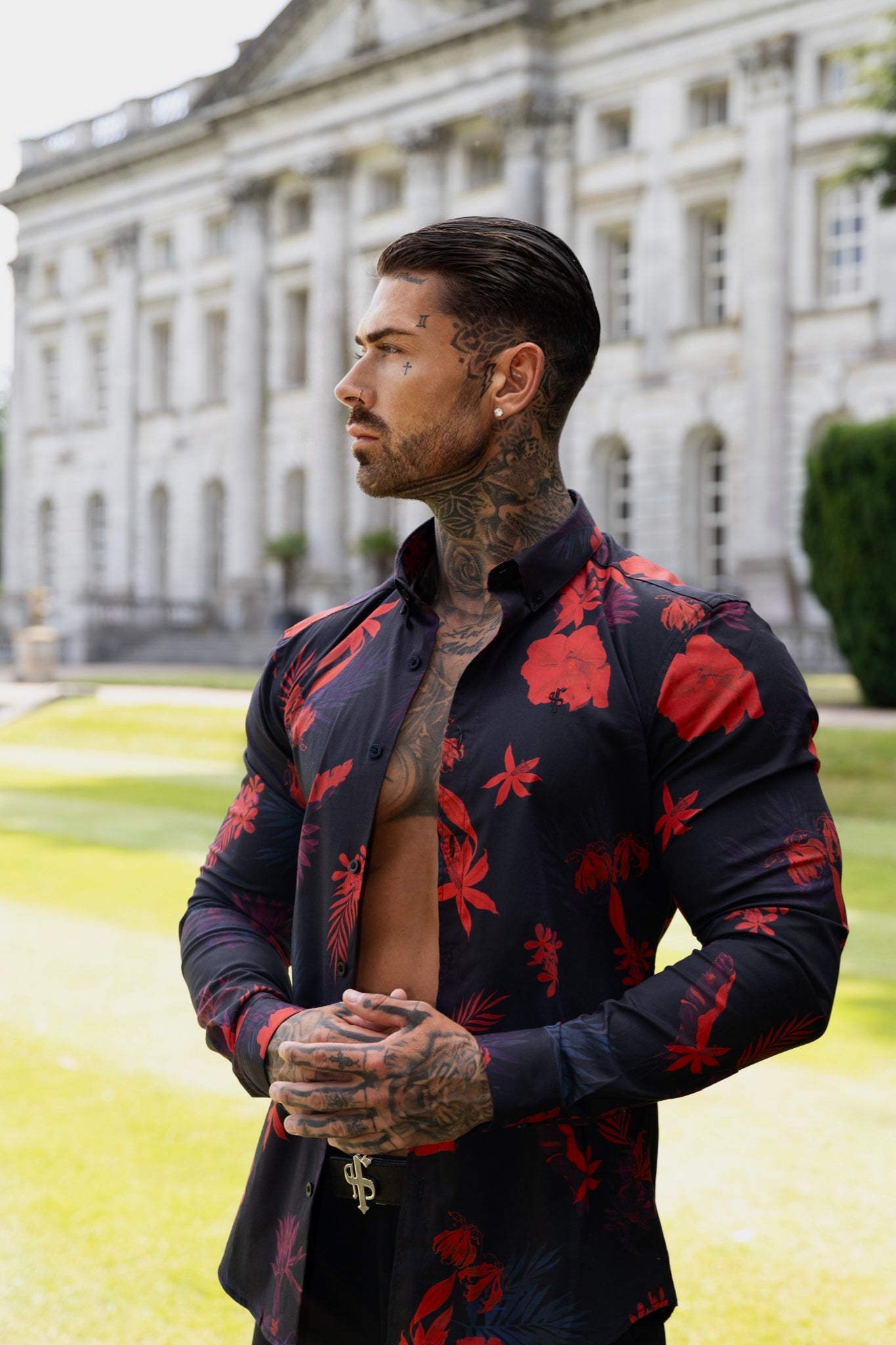 Elevate Your Style with Father Sons Super Slim Stretch Long Sleeve Shirt in Striking Black and Red Floral Print - FS770