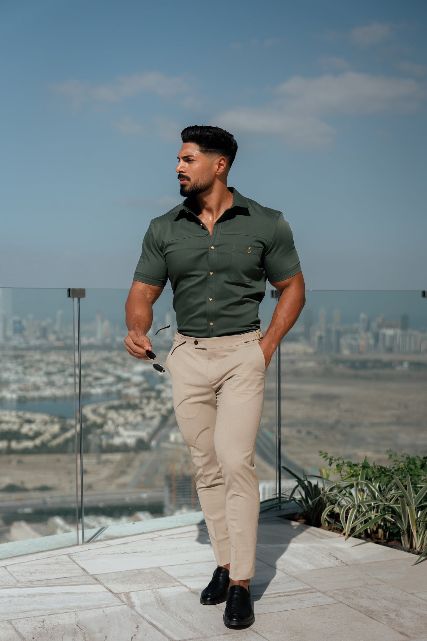 Elevate Your Style: Father Sons Super Slim Stretch Khaki Denim Short Sleeve Shirt with Trendy Horizontal Seam and Pocket - FS958