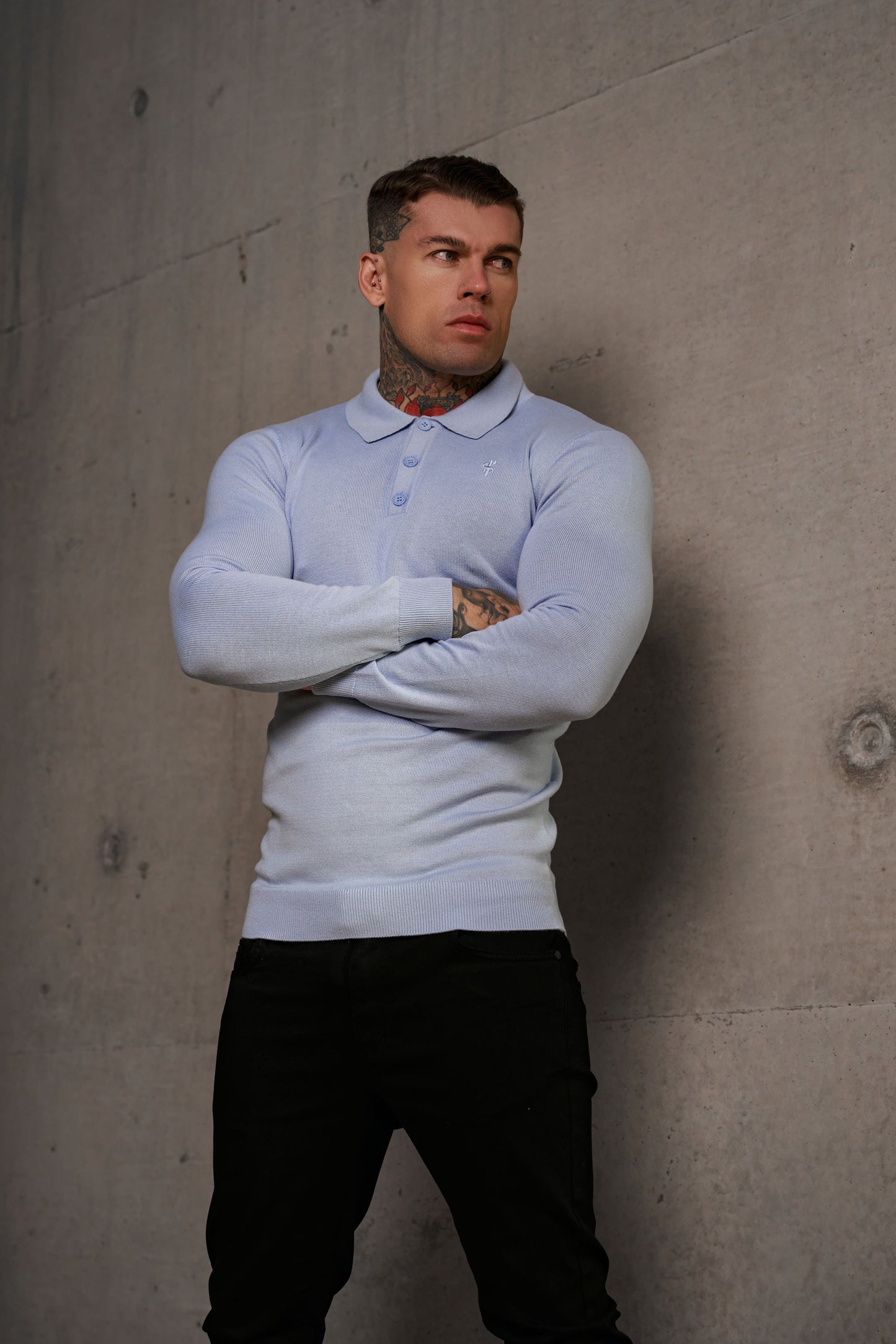 Timeless Pale Blue Knitted Polo Jumper for Men - Long Sleeve with Subtle Tonal FS Embroidery - Model FSN142