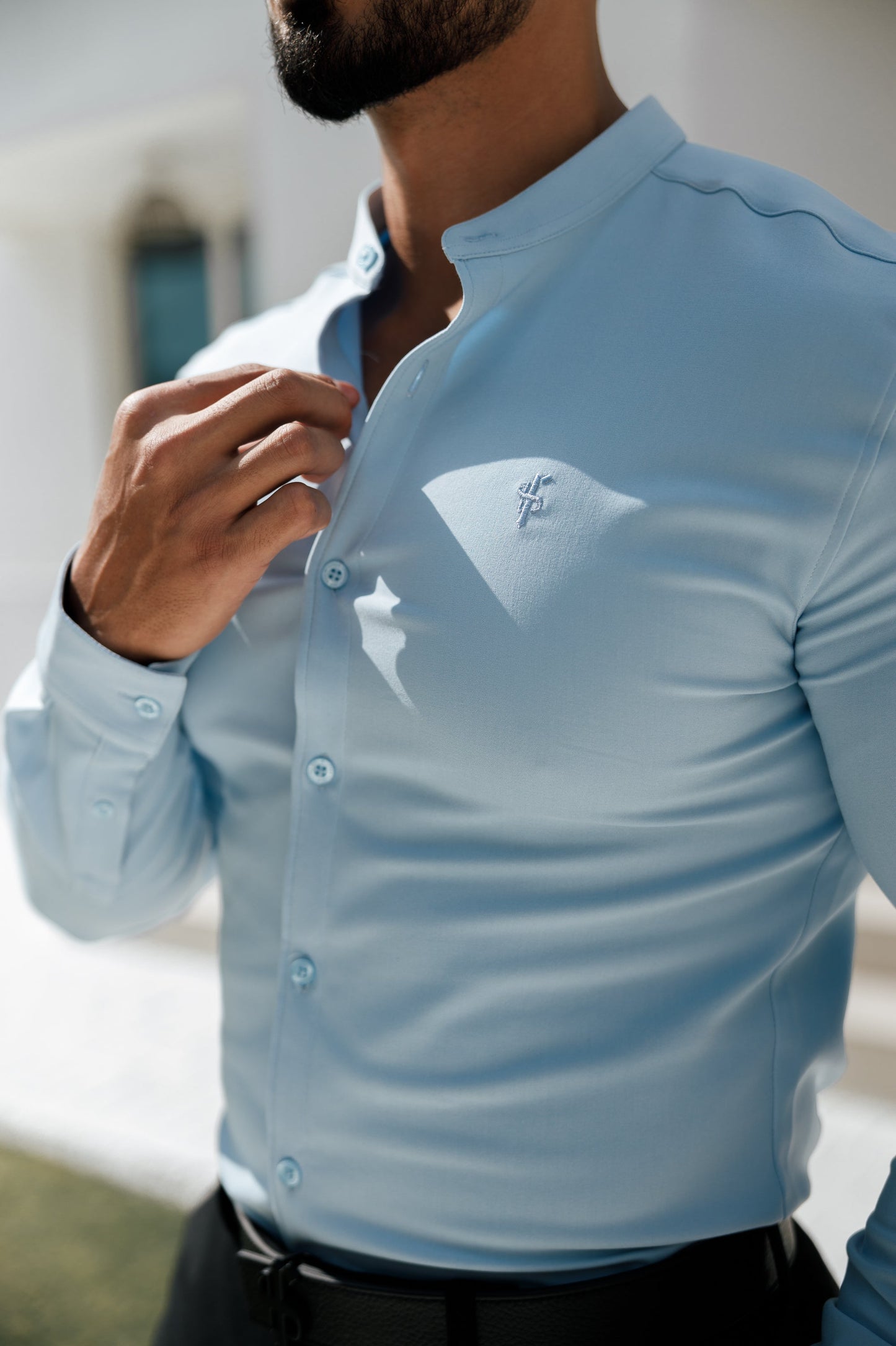 Elevate Your Style with Father Sons Super Slim Light Blue Scuba Stretch Long Sleeve Shirt featuring a Trendy Grandad Collar - FS1002