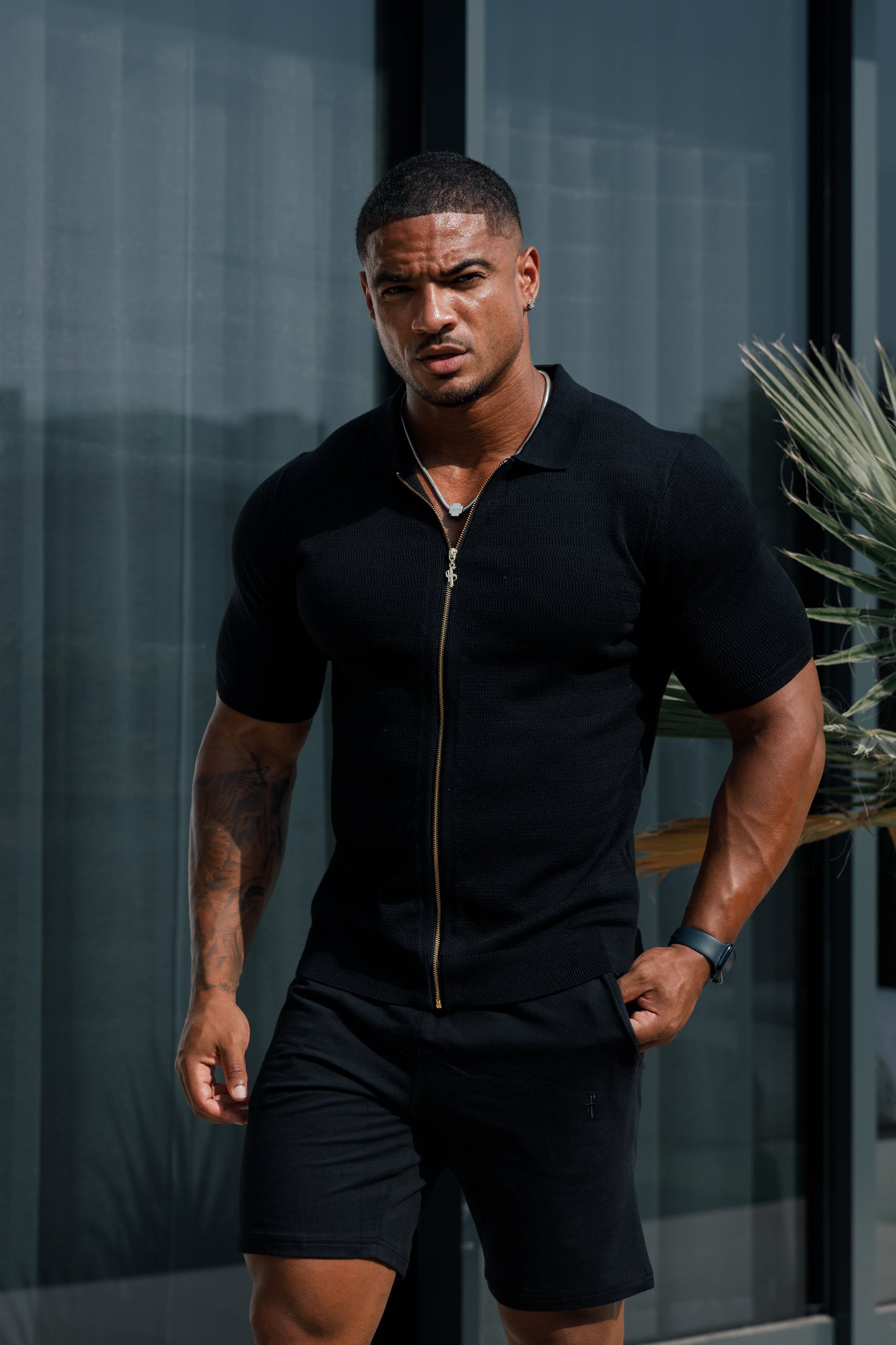 Stylish Black Short Sleeve Zip-Up Knit Sweater with Classic Textured Design - Father Sons Collection - FSN151