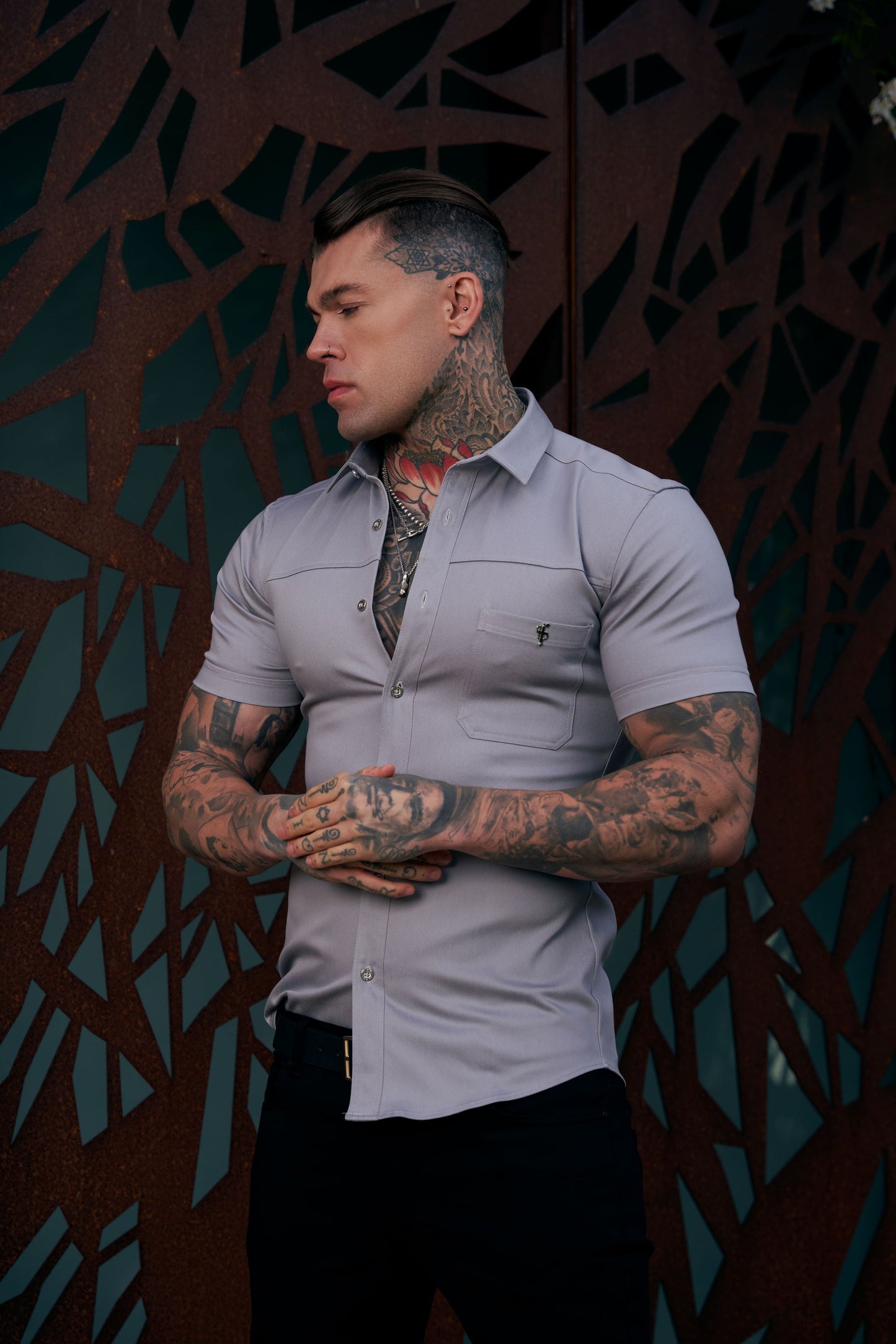 Elevate Your Style with Father Sons Super Slim Stretch Grey Denim Short Sleeve Shirt Featuring Horizontal Seam and Pocket - FS960