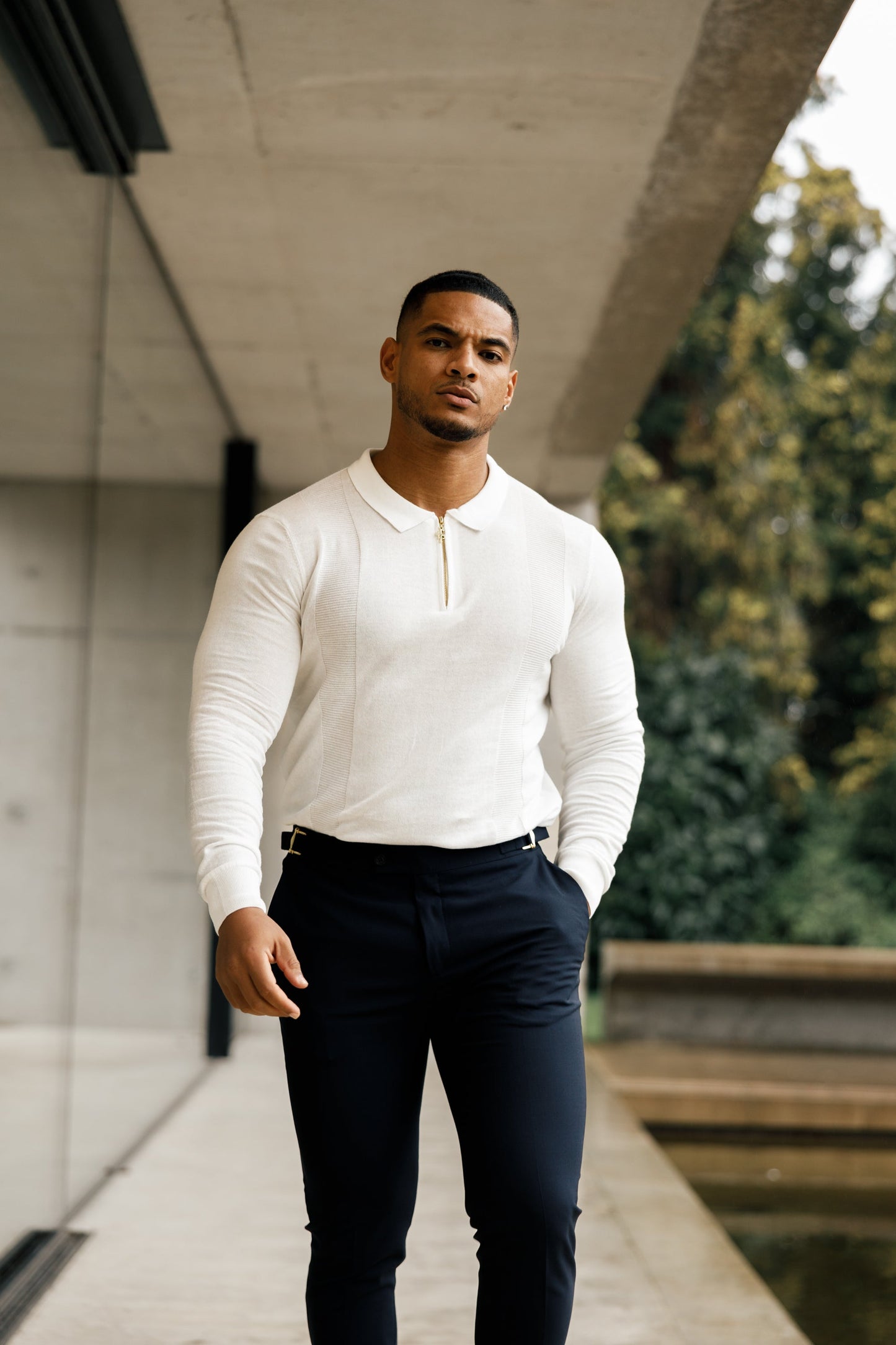 Ultimate Father Sons White and Gold Long Sleeve Zip Polo - FSN125