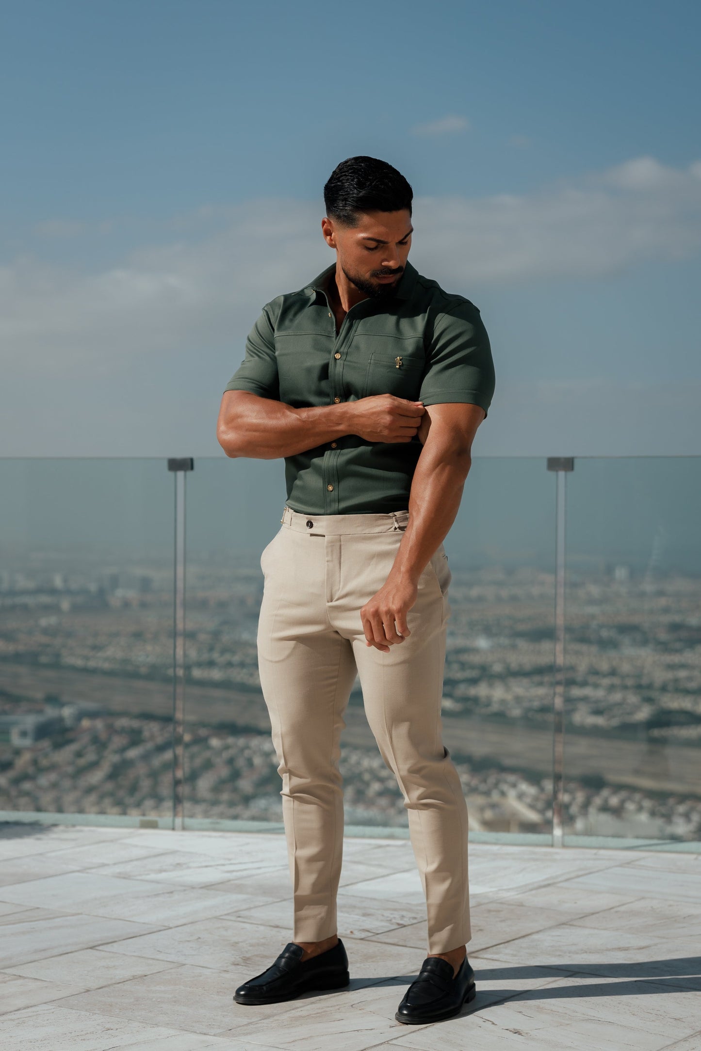 Elevate Your Style: Father Sons Super Slim Stretch Khaki Denim Short Sleeve Shirt with Trendy Horizontal Seam and Pocket - FS958