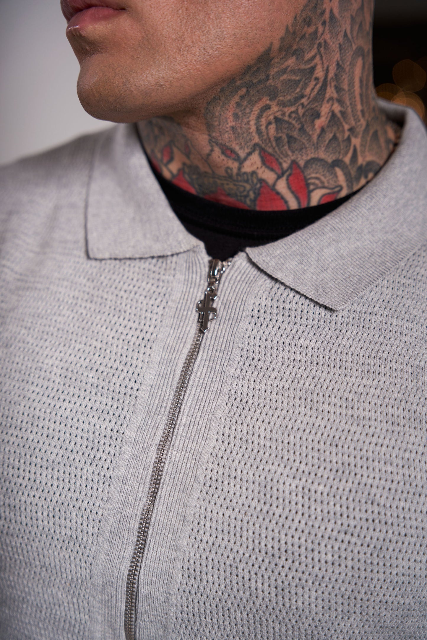 Elevate Your Wardrobe: Father Sons Light Grey Short Sleeve Knit Zip-Up with Chic Textured Design - FSN154