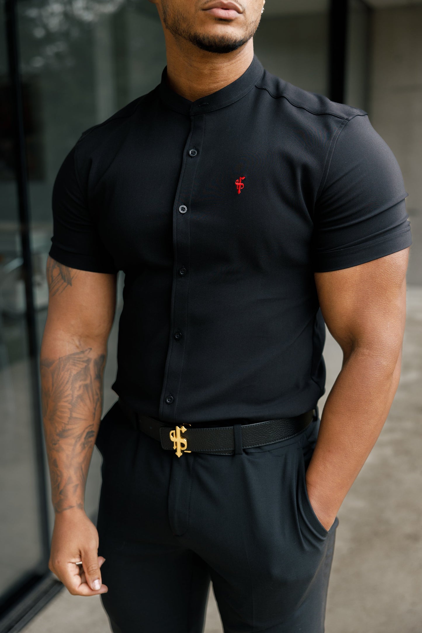 Elevate Your Style with Father Sons Super Slim Fit Black Scuba Short Sleeve Stretch Shirt Featuring a Trendy Grandad Collar - FS930
