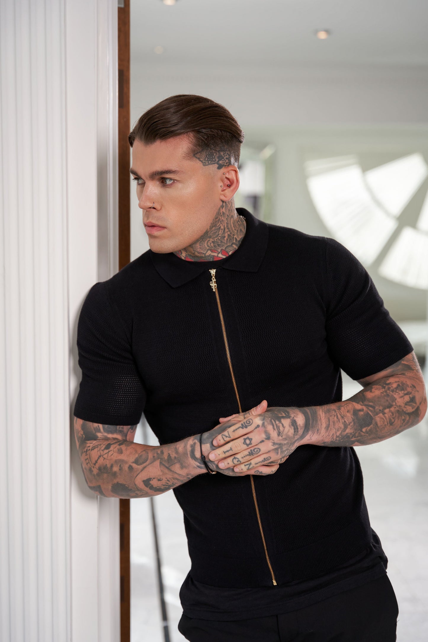 Stylish Black Short Sleeve Zip-Up Knit Sweater with Classic Textured Design - Father Sons Collection - FSN151