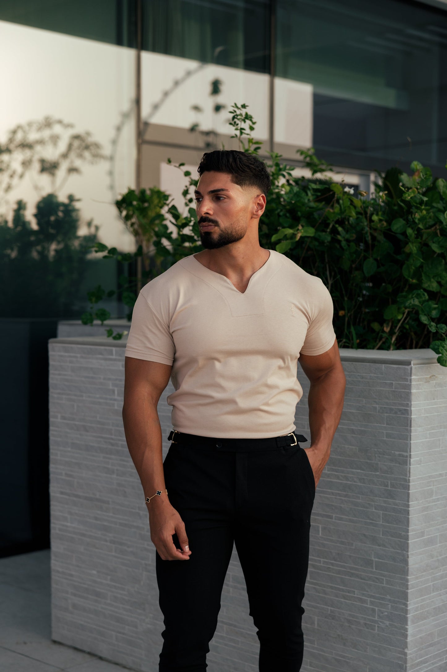 Sleek Beige V-Neck Crew Short Sleeve Tee for Men - Father Sons FS-H1016