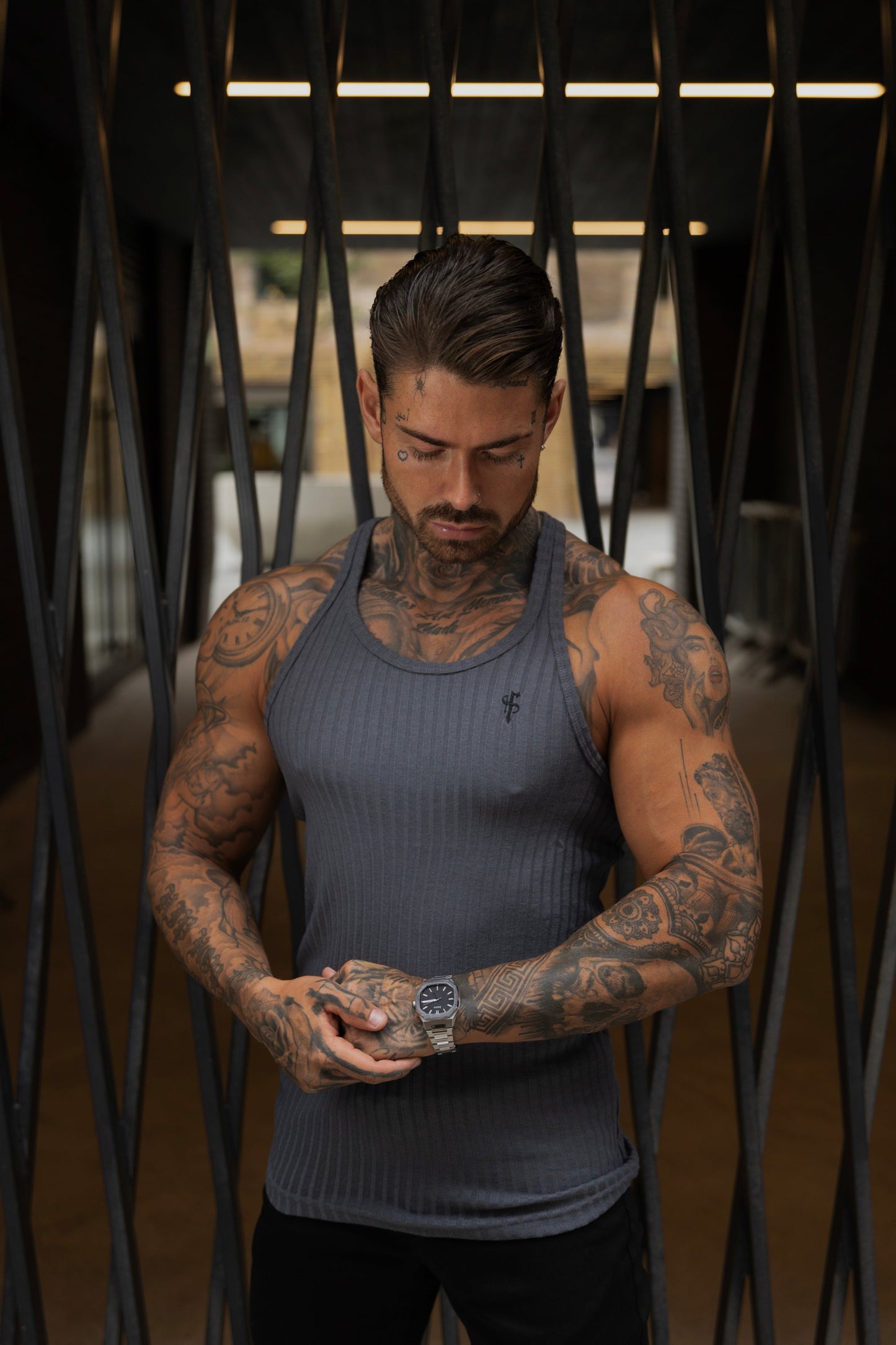 Elevate Your Style with the Father Sons Charcoal & Black Ribbed Knit Super Slim Fit Vest - FSH1021