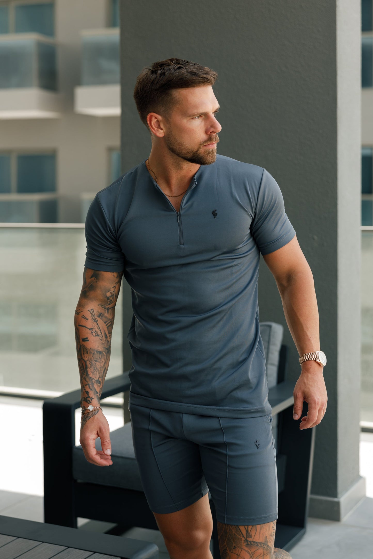 Stylish Charcoal Black Crew T-Shirt with Zip Detail for Men - Father Sons FSH1109