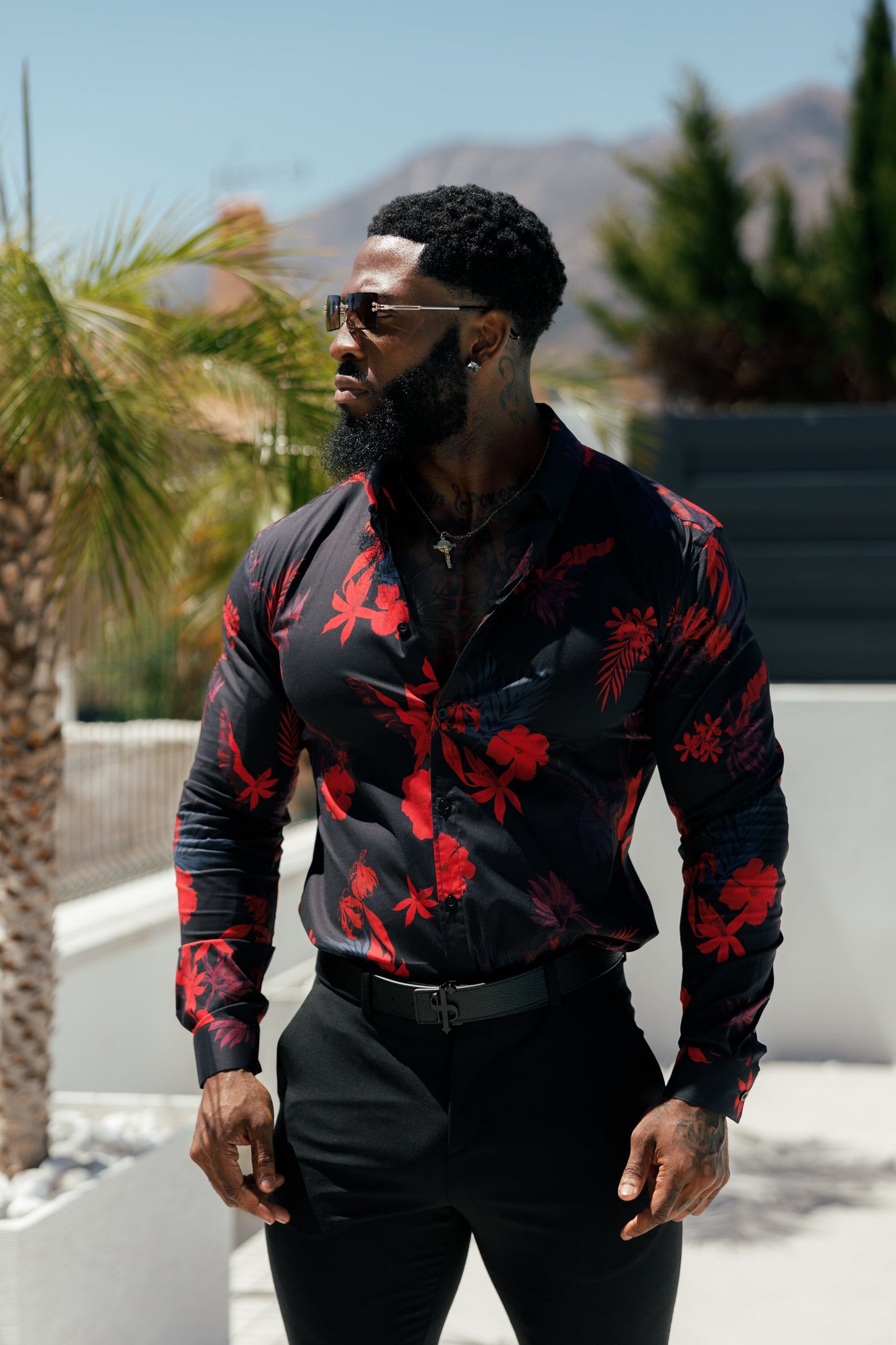 Elevate Your Style with Father Sons Super Slim Stretch Long Sleeve Shirt in Striking Black and Red Floral Print - FS770