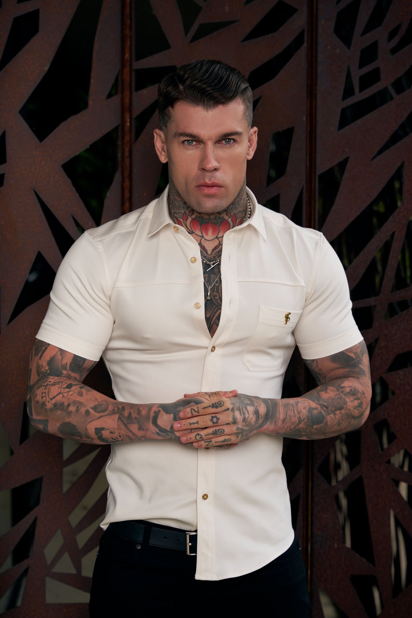 Elevate Your Style: Father Sons Super Slim Fit Cream Stretch Denim Short Sleeve Shirt with Trendy Horizontal Seam and Pocket - FS955