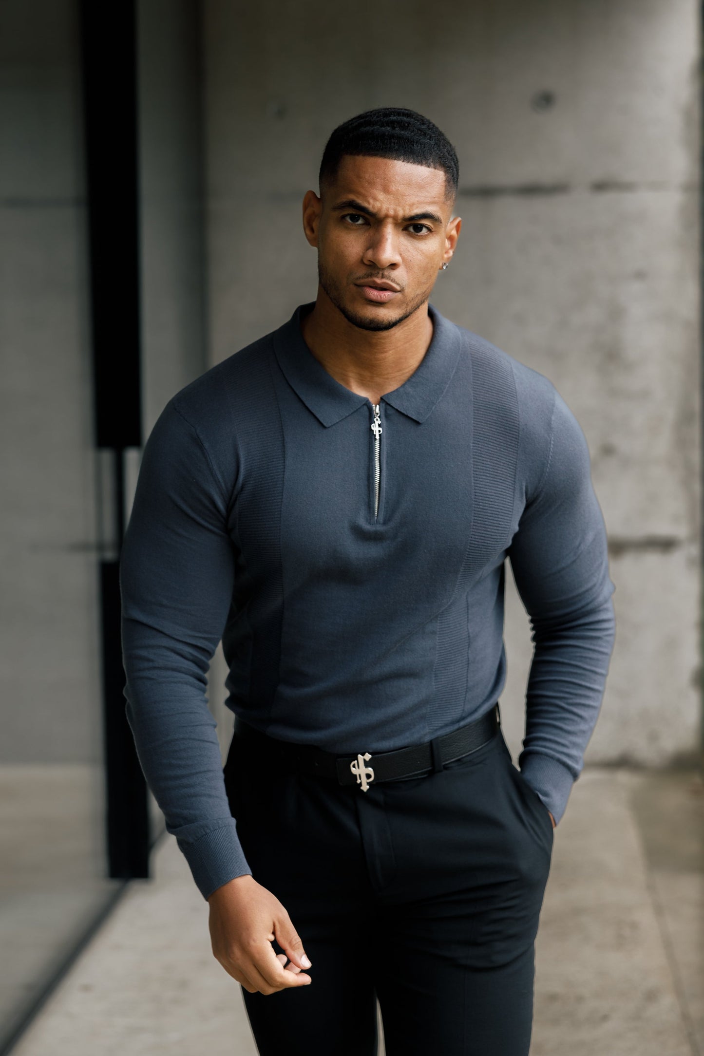 Elevate Your Wardrobe with the Father Sons Gunmetal & Silver Long Sleeve Knitted Polo Shirt - FSN128