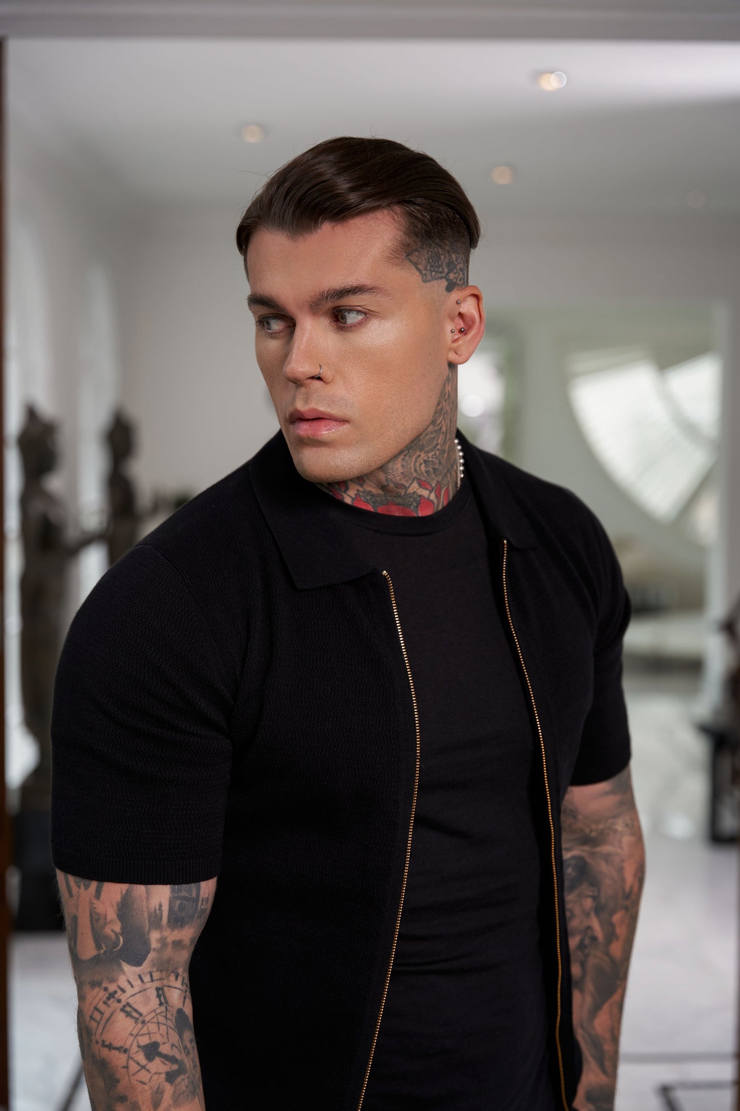 Stylish Black Short Sleeve Zip-Up Knit Sweater with Classic Textured Design - Father Sons Collection - FSN151