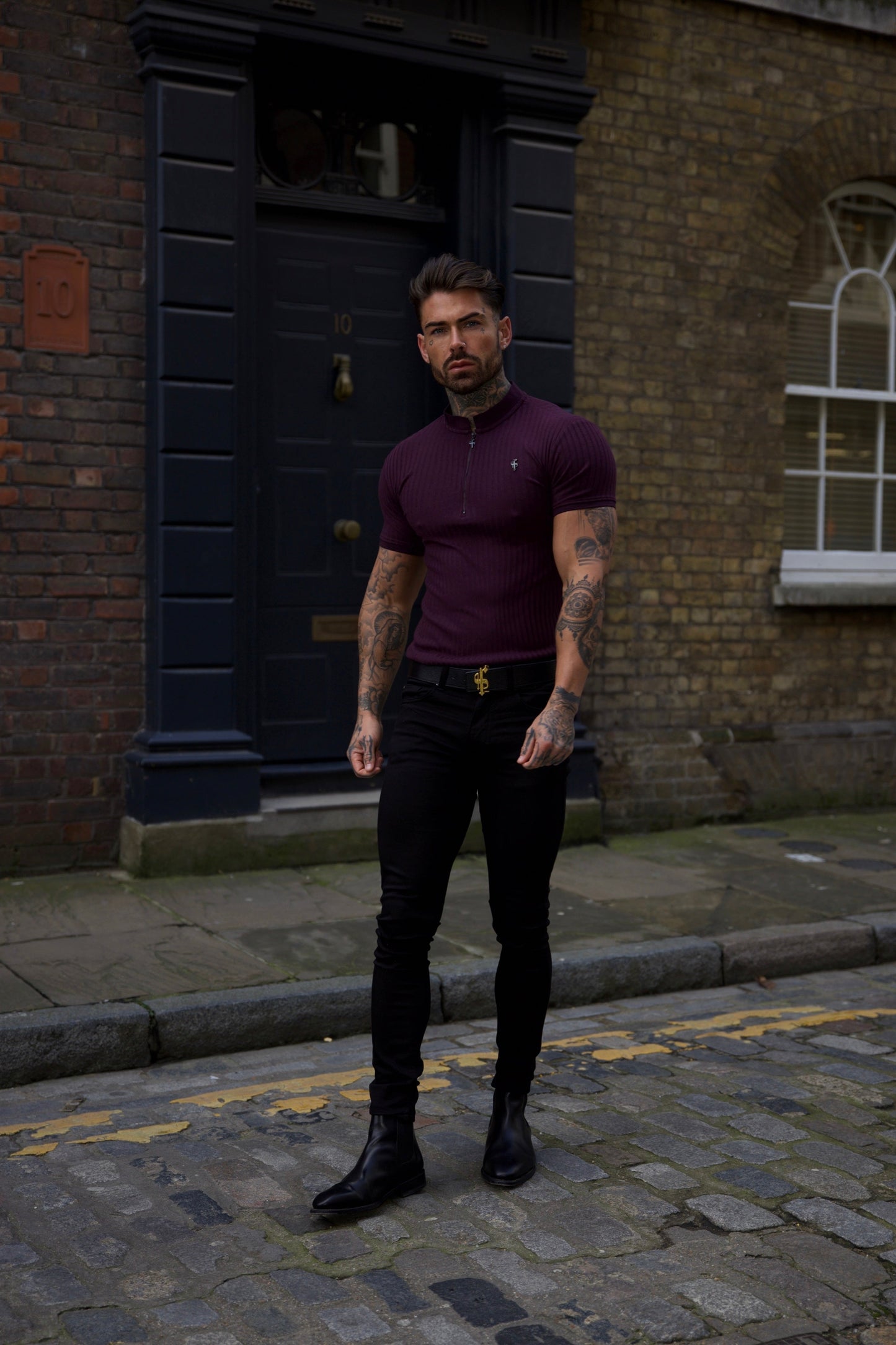 Elevate Your Style with the Father Sons Classic Plum & Black Ribbed Zip Grandad Collar Short Sleeve Shirt - FSH918