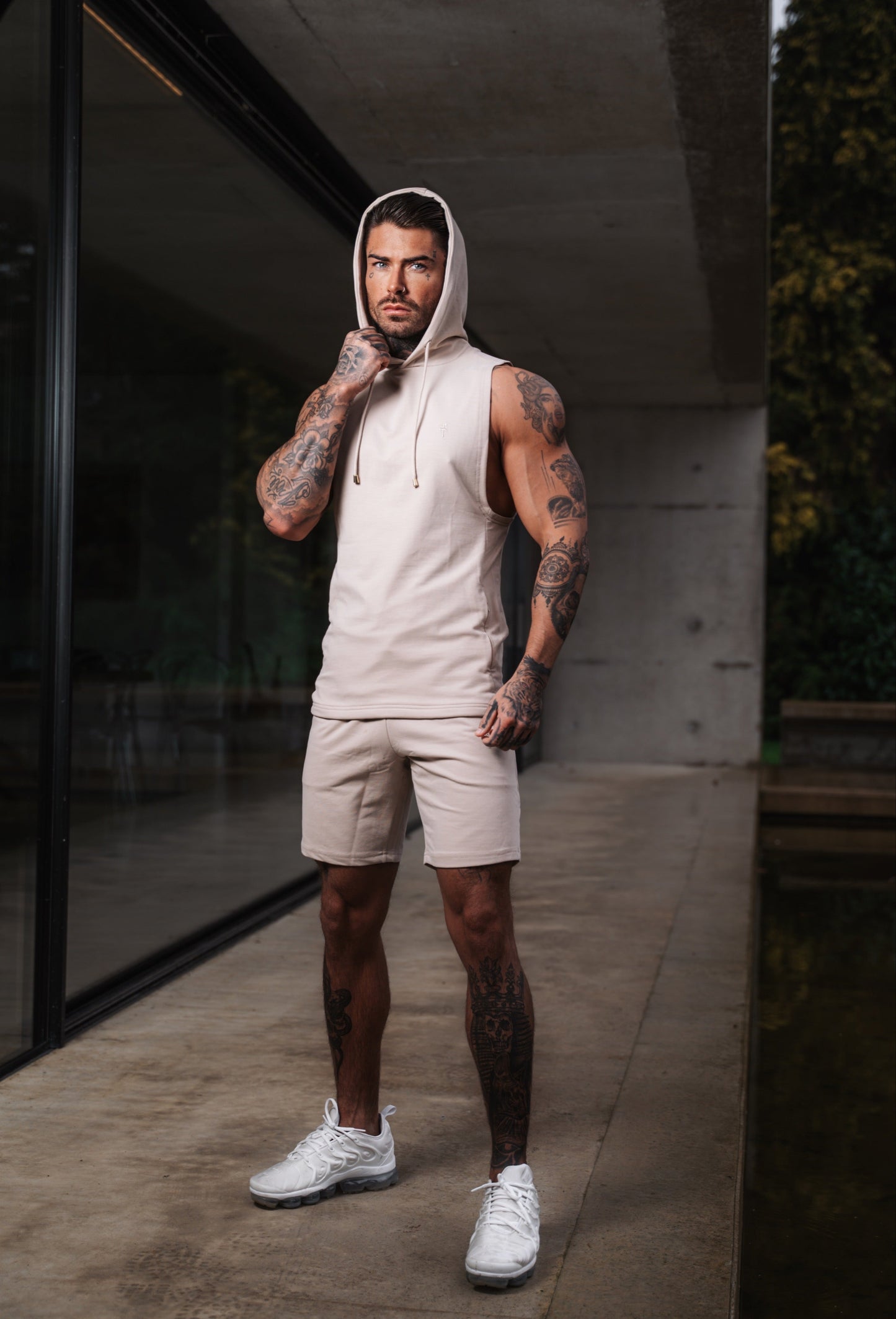 Elevate Your Workout: Father Sons Stylish Sleeveless Beige Gym Hoodie - FSH896