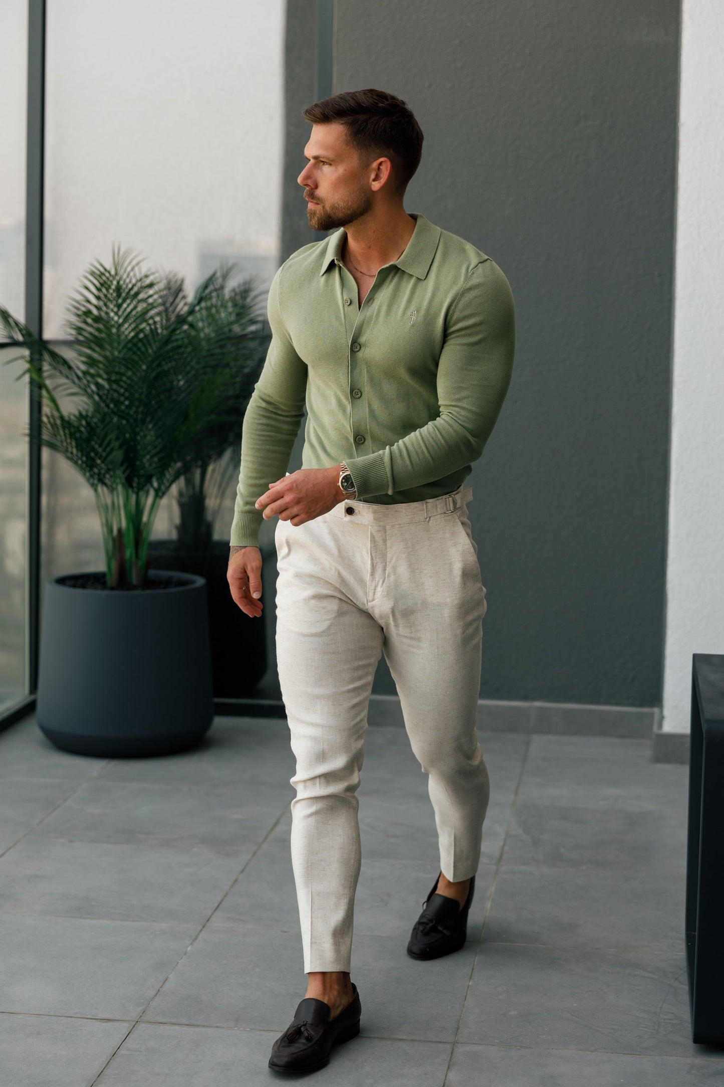 Elevate Your Style with the Father Sons Olive Knitted Long Sleeve Polo - Classic Button-Through Design - FSN170