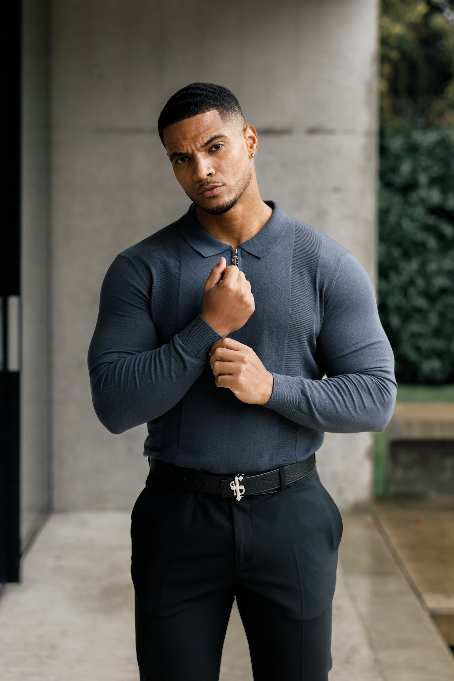 Elevate Your Wardrobe with the Father Sons Gunmetal & Silver Long Sleeve Knitted Polo Shirt - FSN128